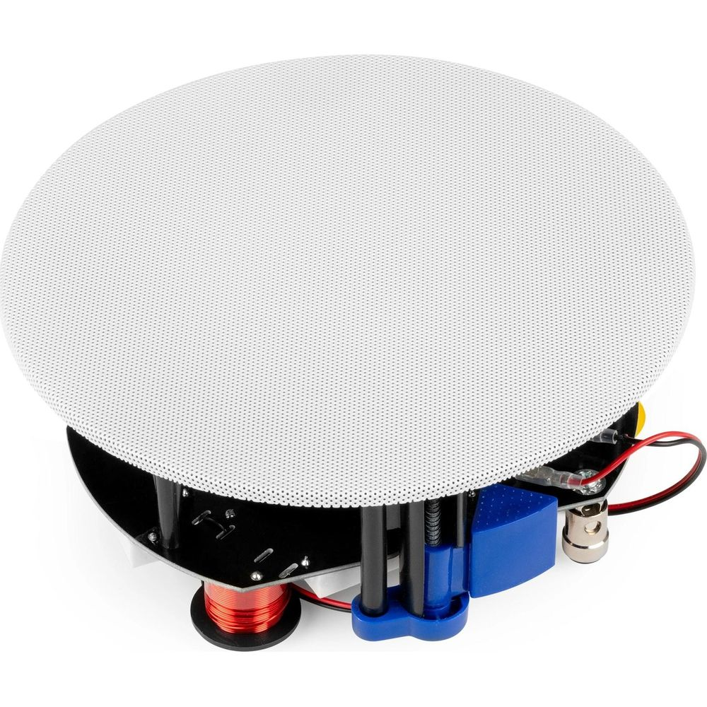 Un altavoz redondo blanco con bobina y componentes azules.