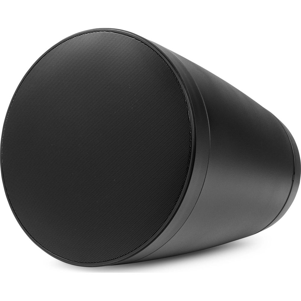 Un altavoz cilíndrico negro con frente perforado yace de lado.