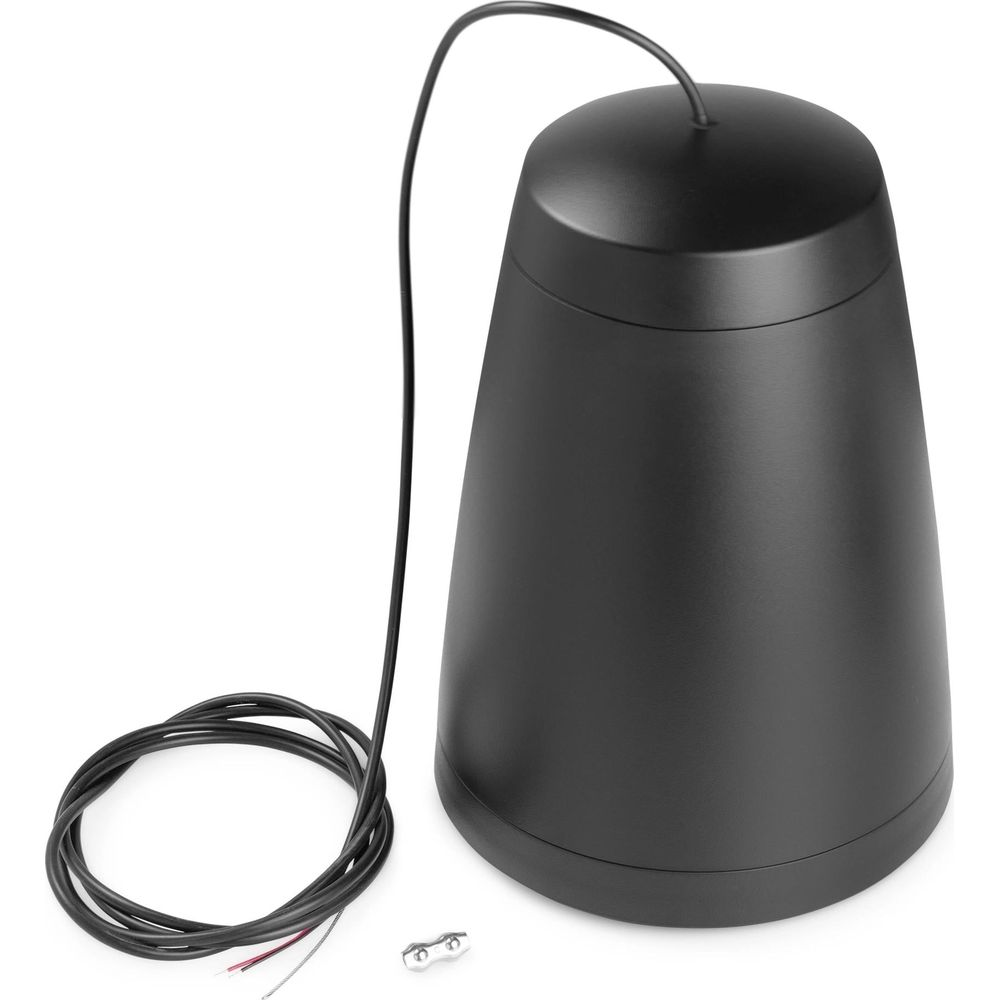 Altavoz cónico negro con cable y accesorios sobre fondo blanco.