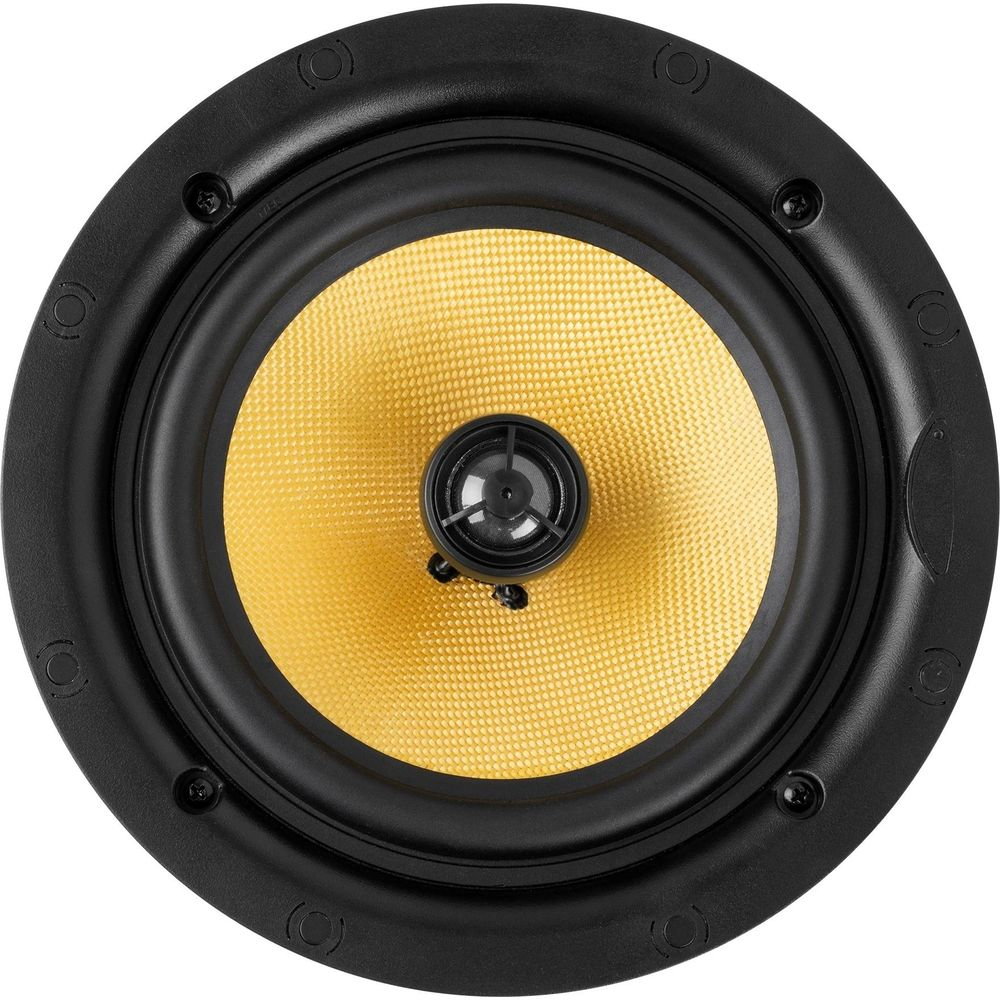 Altavoz negro con cono tejido amarillo y un pequeño tweeter negro en el centro.