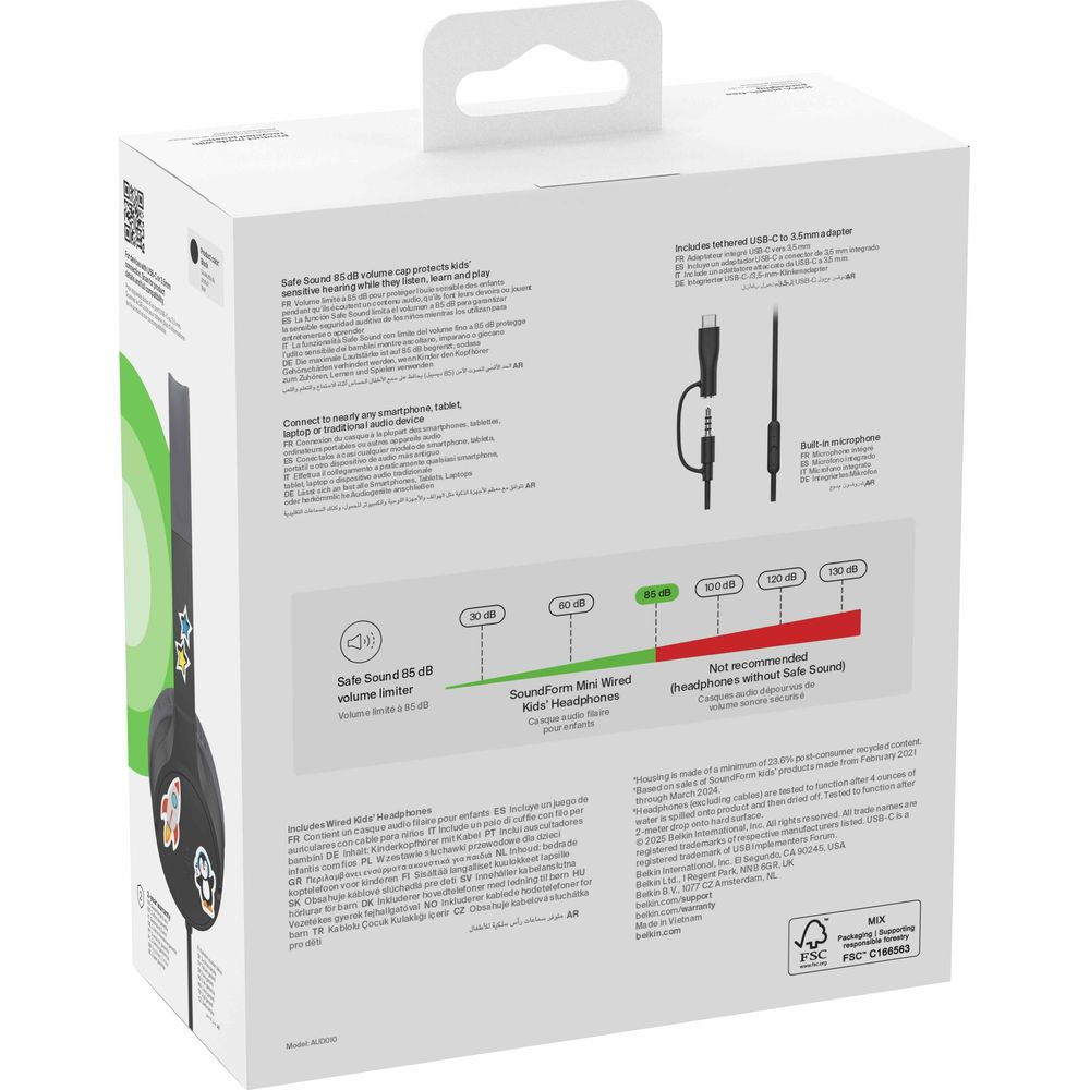 Caja con auriculares, cable y adaptador. Indicador de nivel de volumen.
