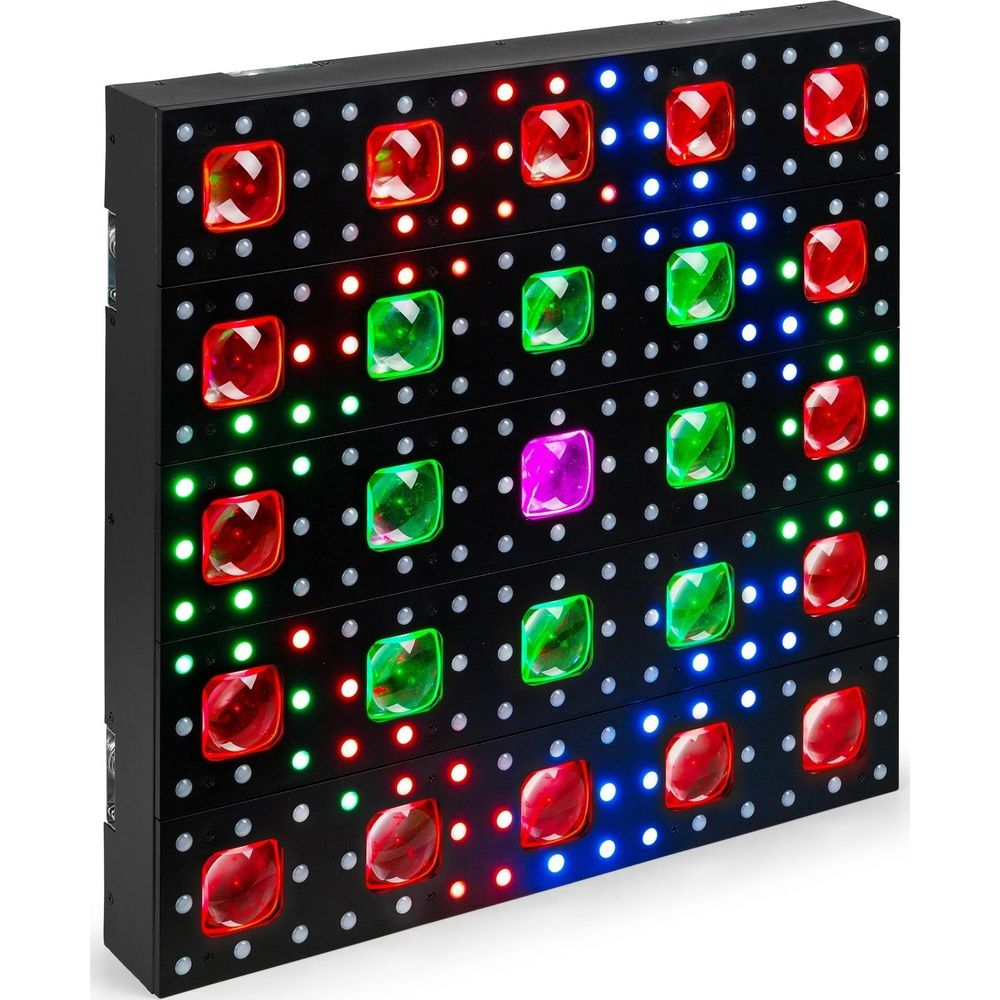 Panel negro con filas de luces rojas, verdes y azules, más inserciones rojas, verdes y una morada más grandes.