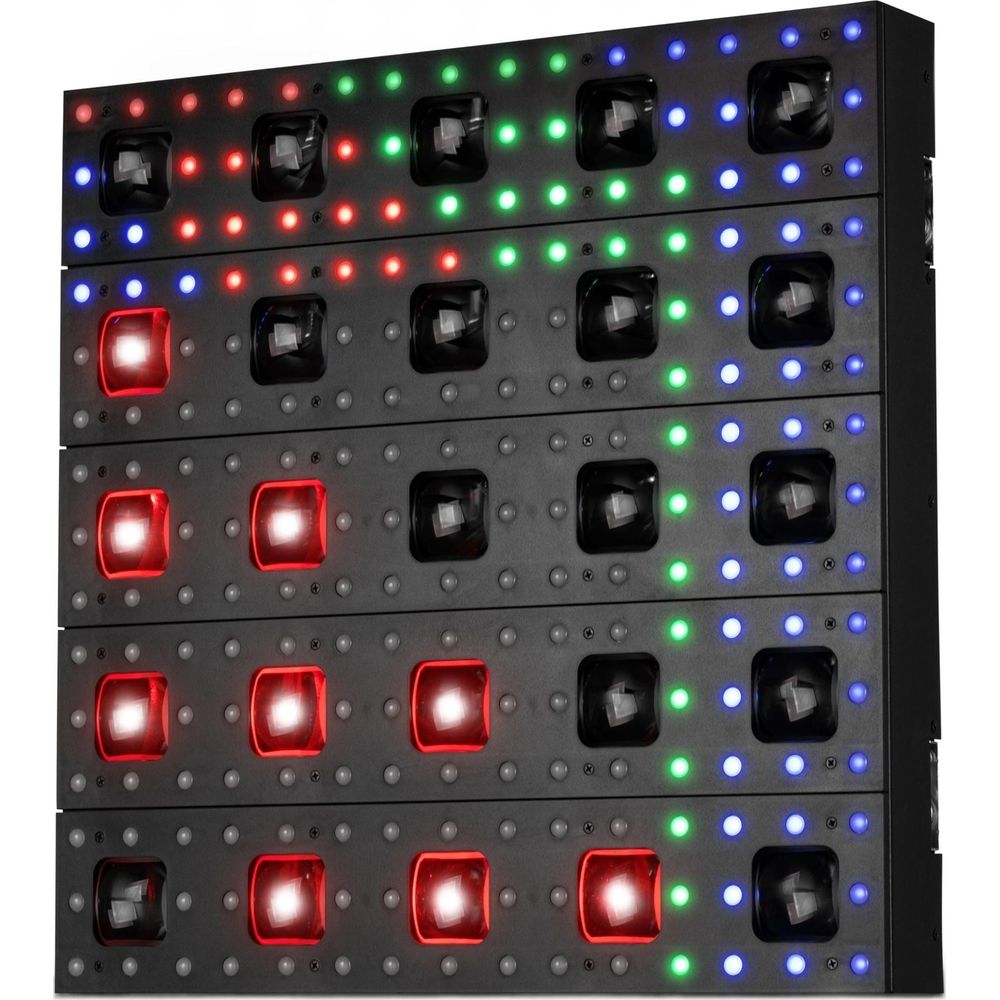 Una matriz vertical de módulos negros con luces rojas, verdes y azules.