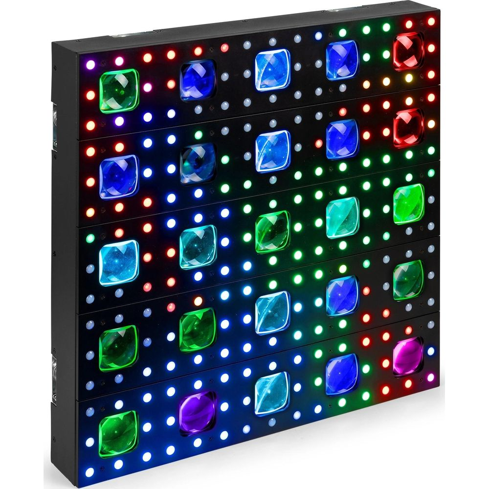Panel negro con filas de lentes cuadrados de colores y pequeñas luces LED.