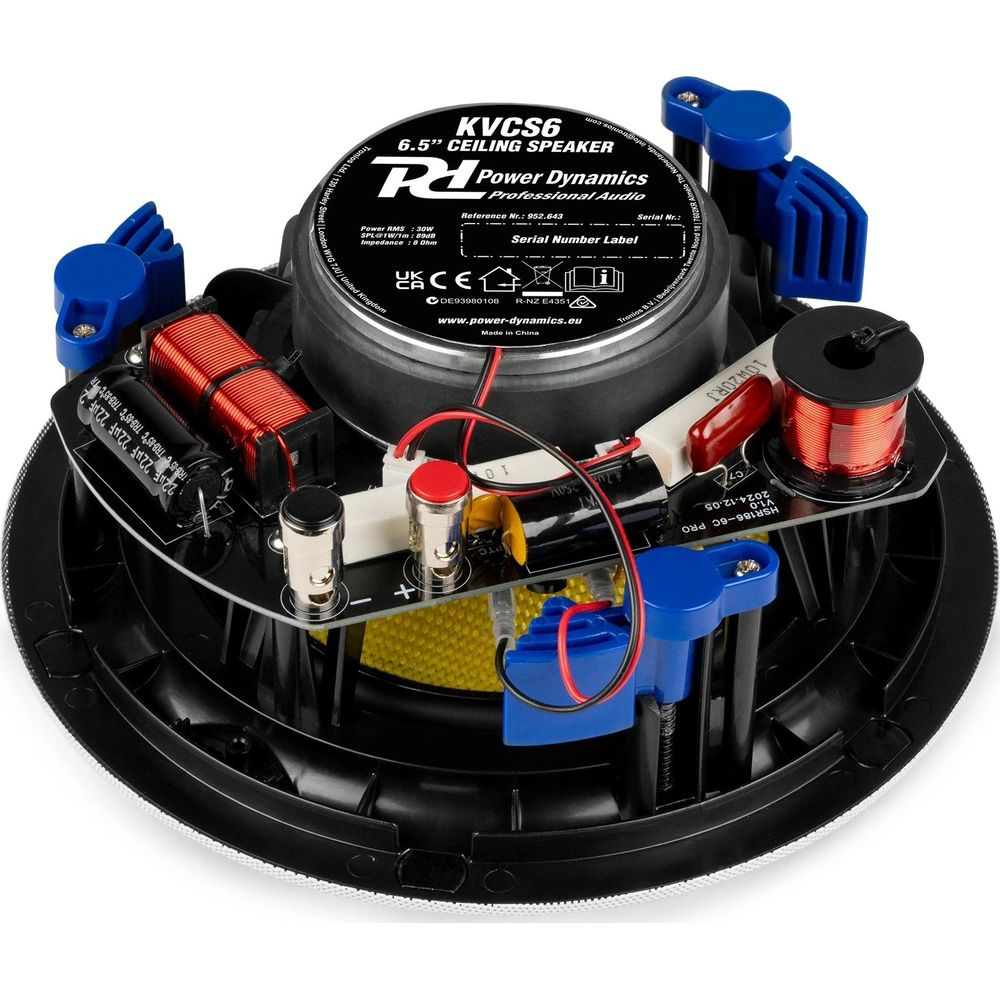 Altavoz de techo con bobinas, condensadores y clips azules.