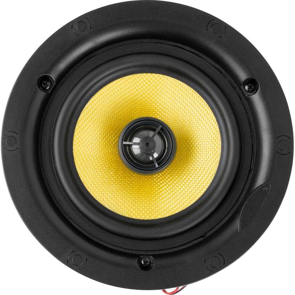 Un altavoz negro redondo con cono amarillo y un pequeño tweeter en el centro.
