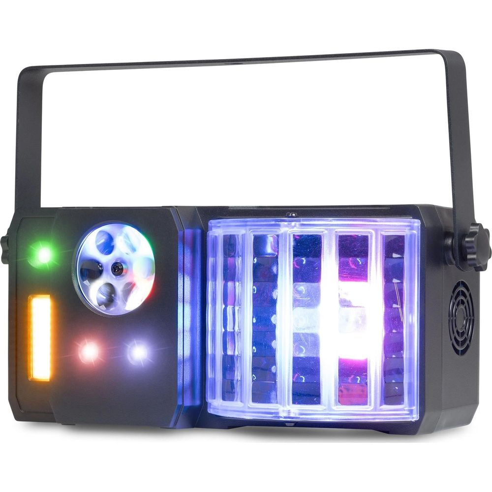 Una luz de fiesta negra con asa, con múltiples LEDs de colores y un efecto de luz giratorio.