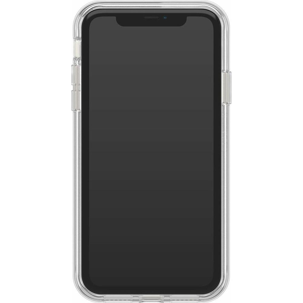 Ein schwarzes Smartphone mit einem transparenten Schutzgehäuse, das auf weißem Hintergrund steht.
