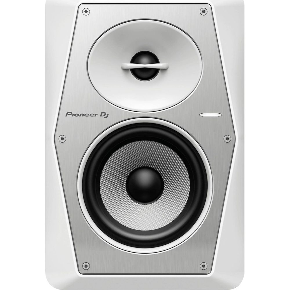 Gümüş ön panel ve iki sürücülü beyaz hoparlör. Pioneer DJ logosu.
