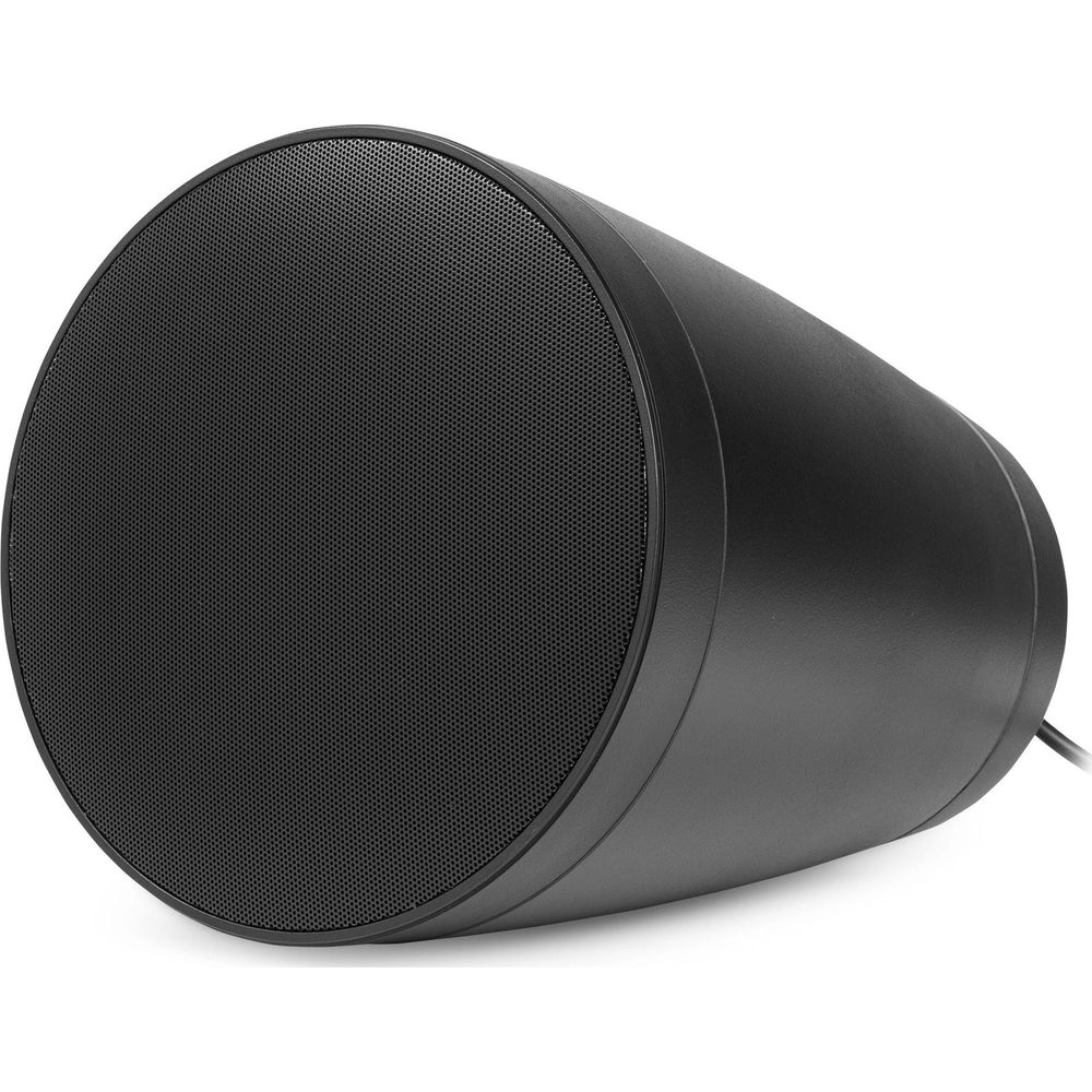 Un altavoz cilíndrico negro con una rejilla frontal perforada.
