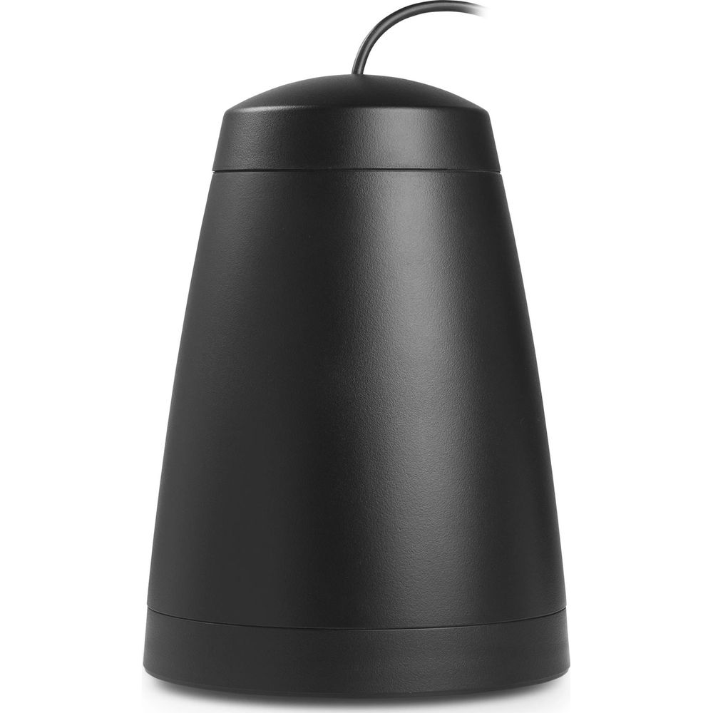 Un altavoz negro en forma de cono con un cable que sale de la parte superior.