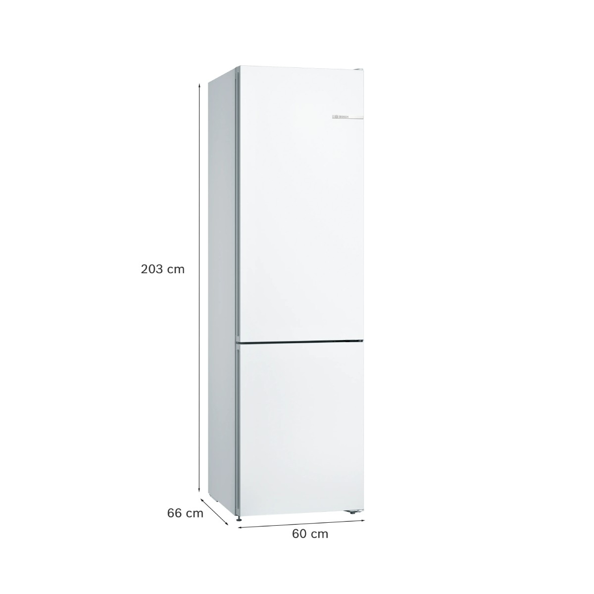 Un refrigerador blanco de 203x66x60 cm.