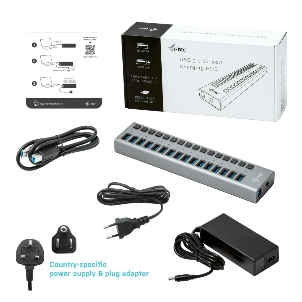 Ein silberner 16-Port USB 3.0 Hub mit Zubehör, Anleitung und Verpackung.