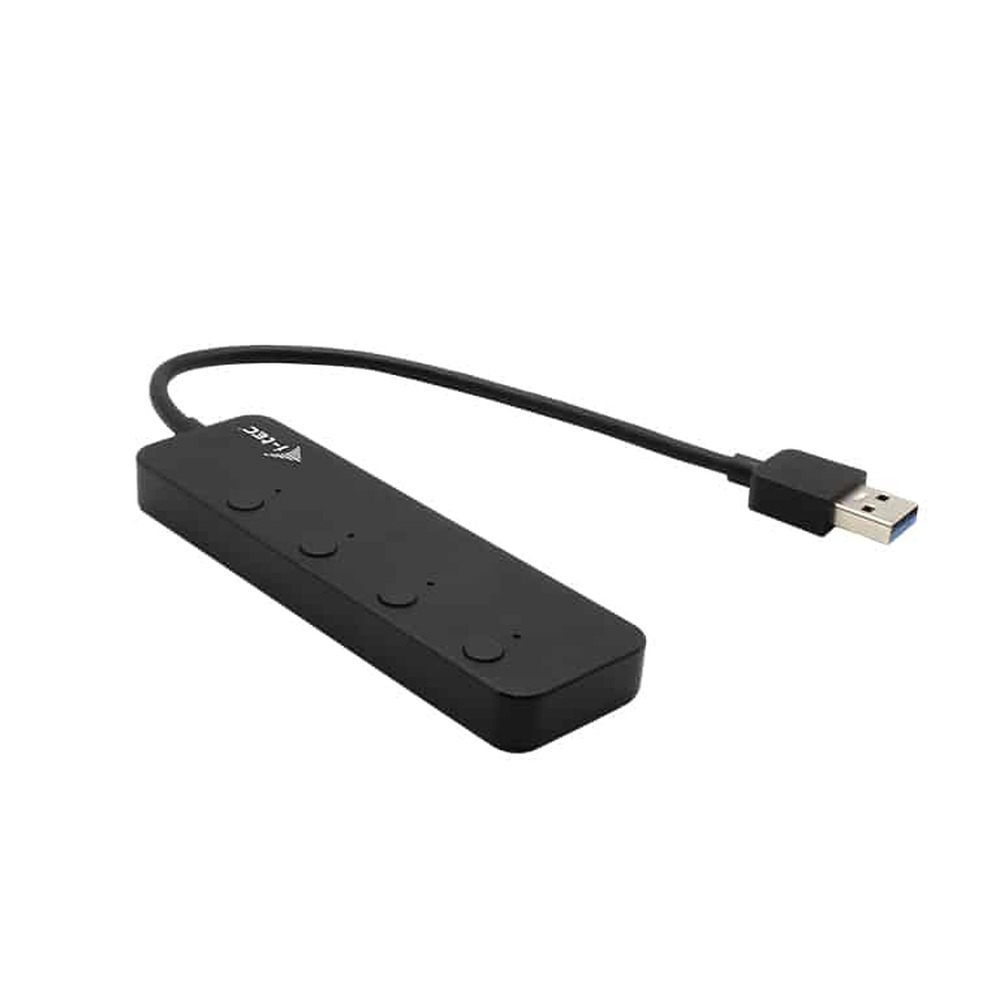 A black USB hub with four ports and a cable.