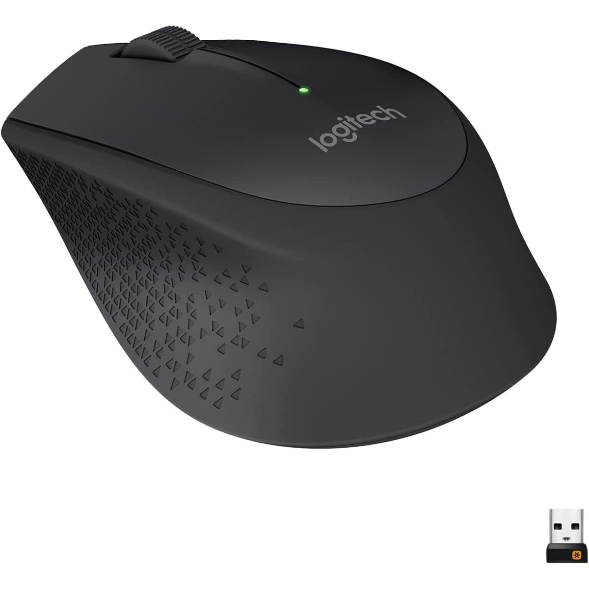 Ratón Logitech negro con rueda de desplazamiento y luz indicadora verde.