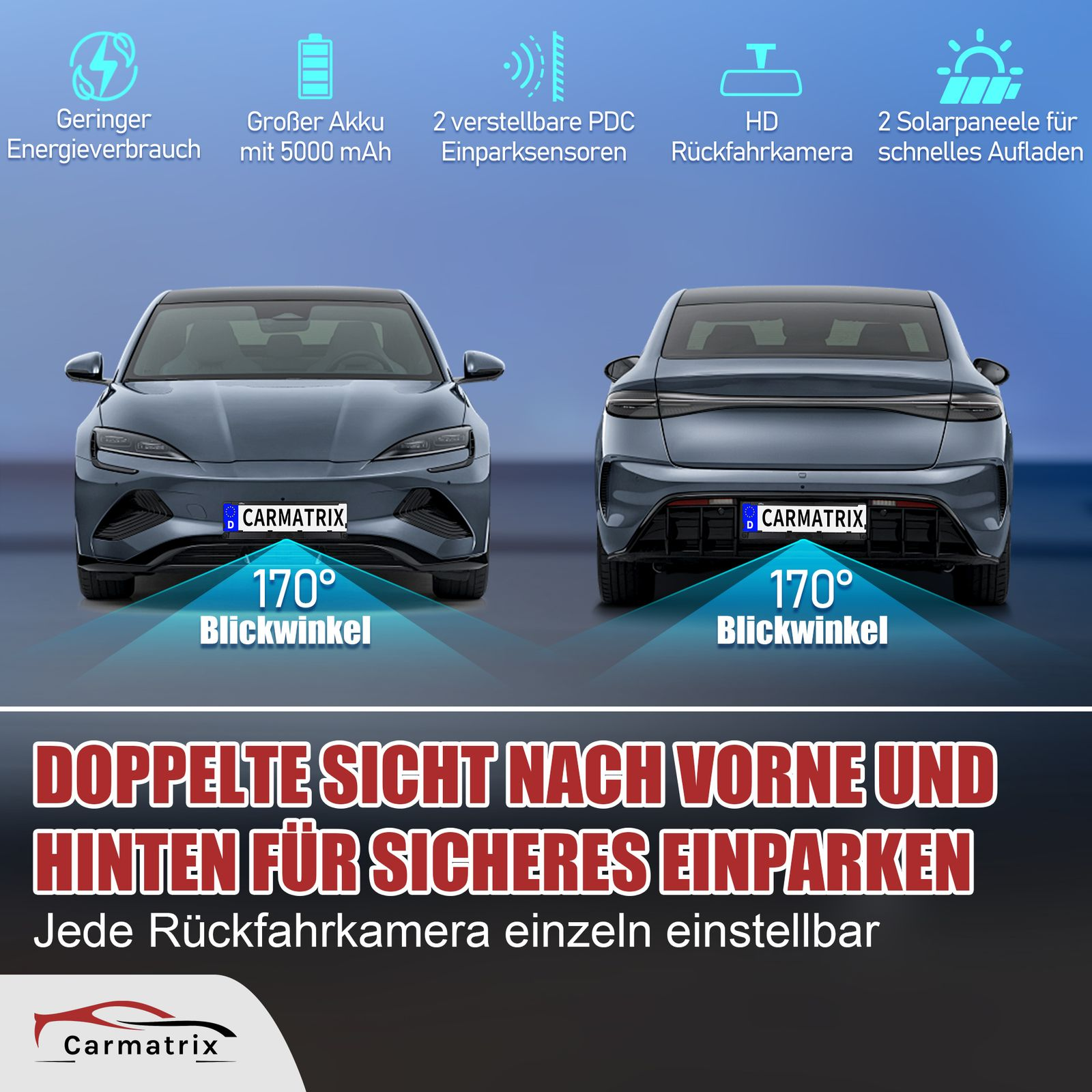 Zwei Autos, eines von vorne, eines von hinten, mit Funktionen wie geringer Verbrauch.