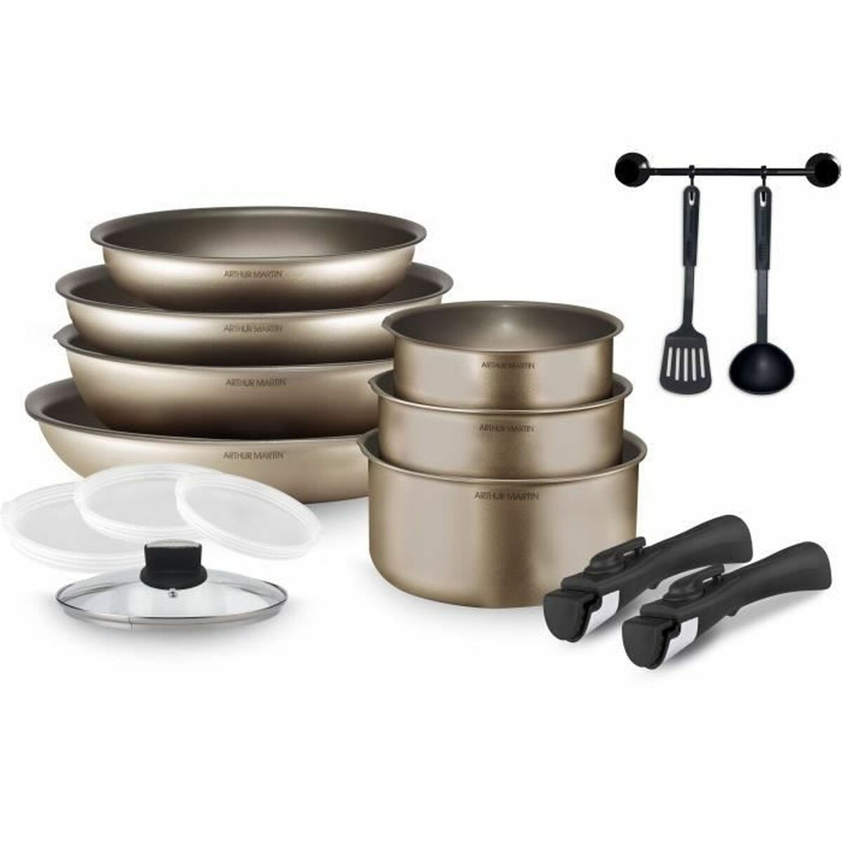 Kochgeschirr-Set mit Töpfen, Pfannen, Deckeln, Griffen und Kochutensilien.