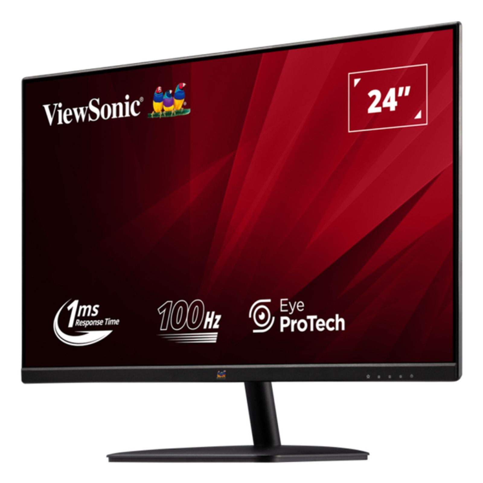 Monitor ViewSonic da 24 pollici con sfondo rosso, tempo di risposta 1ms e 100Hz.