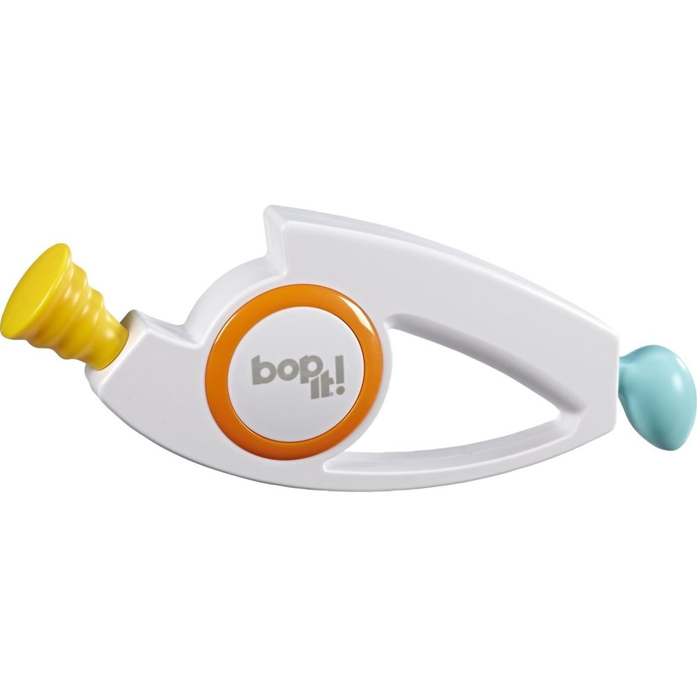 Un giocattolo bianco con manopola gialla, cerchio arancione "Bop It!" e manopola blu.
