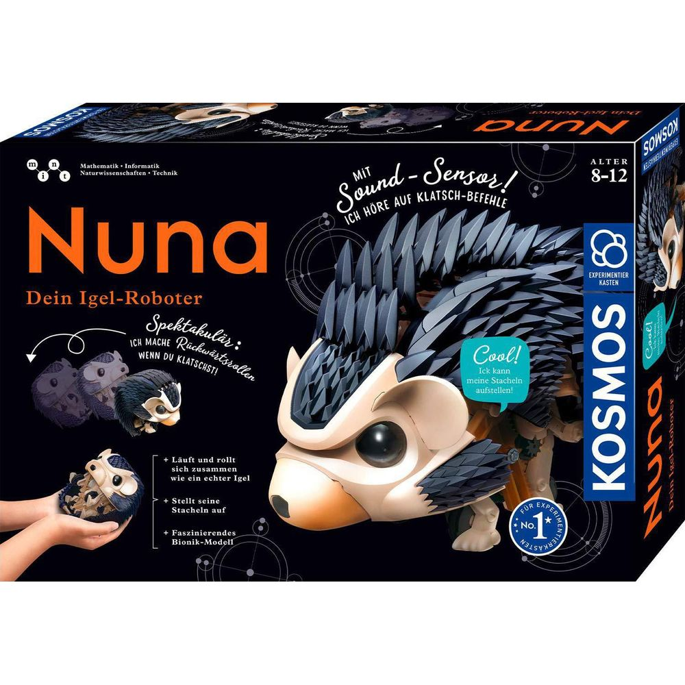 Verpackung des Nuna Igel-Roboters mit einem Bild des Roboters, der für Kinder von 8-12 Jahren geeignet ist.