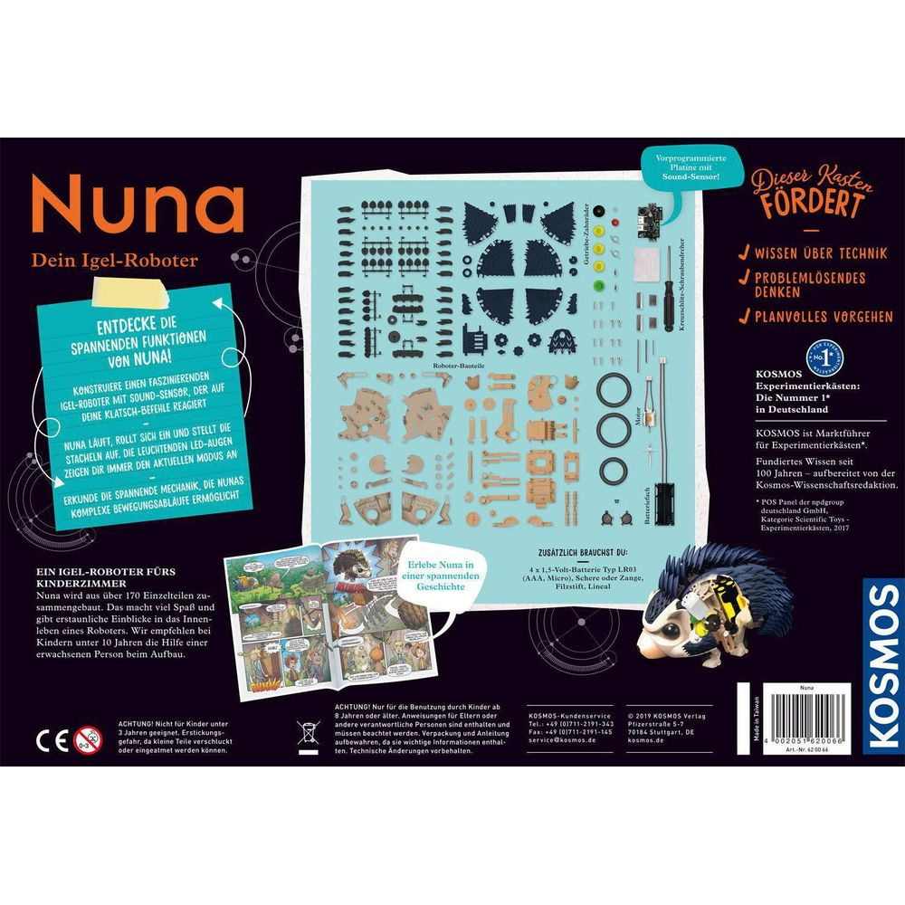 Verpackung für einen Igel-Roboter-Bausatz mit Teilen, Anleitung und einem Bild des Roboters.