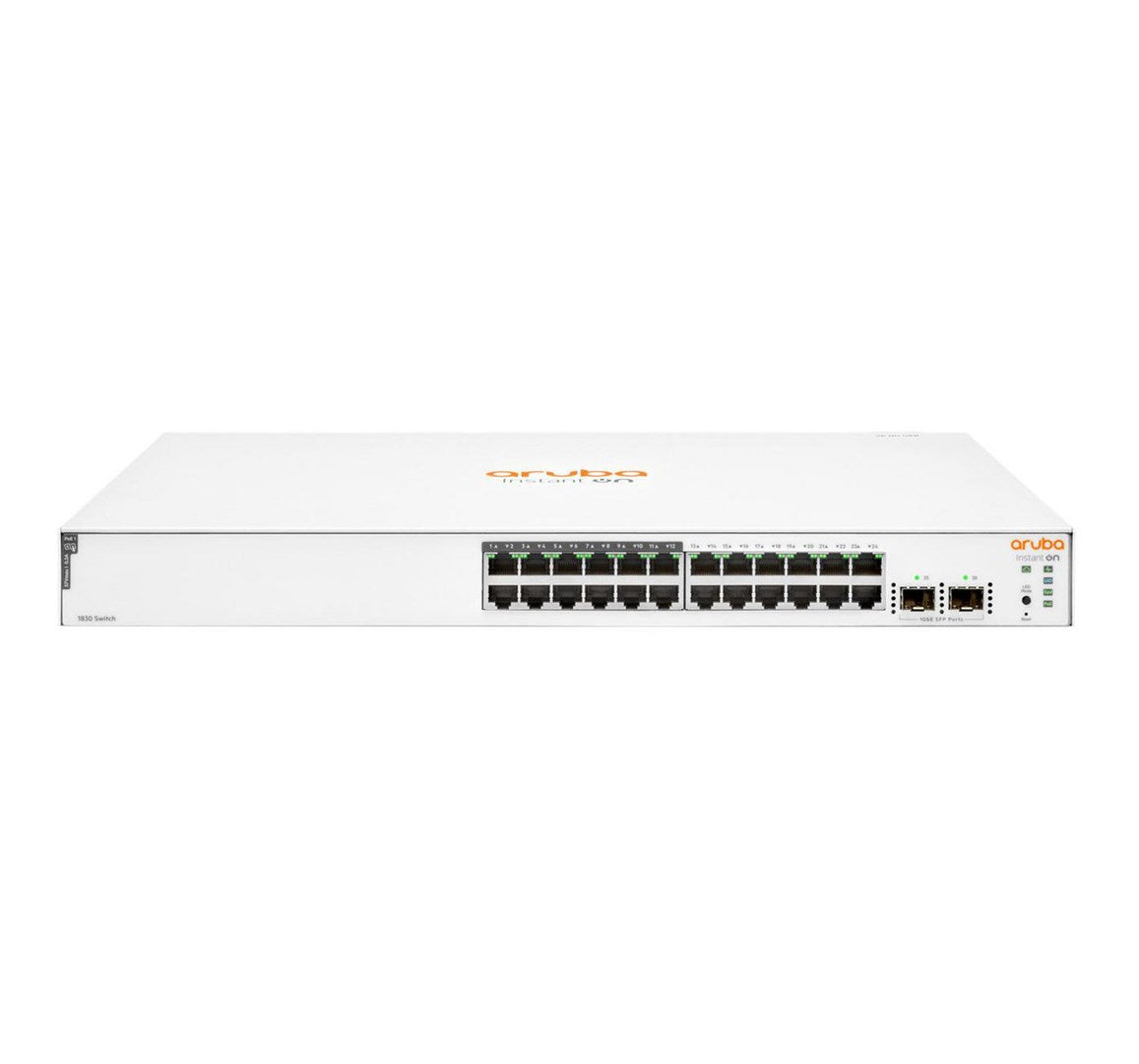 Un switch Aruba 1830 blanco con 24 puertos e indicadores de red.