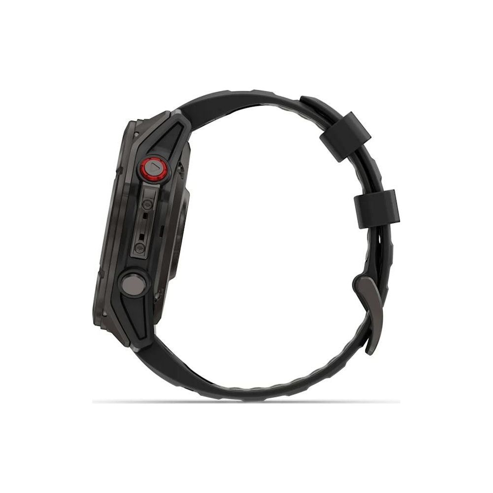 Smartwatch nero con cinturino nero, vista laterale.