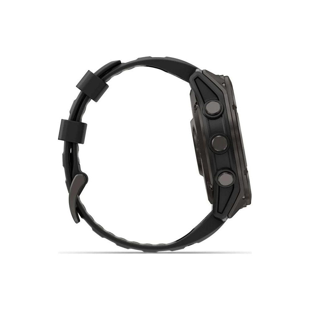 Smartwatch nero con cinturino nero, mostrato di lato.
