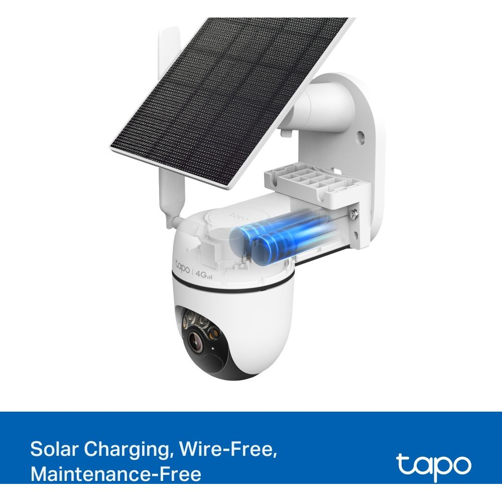 Weiße Überwachungskamera mit Solarpanel, zeigt interne blaue Batterien.