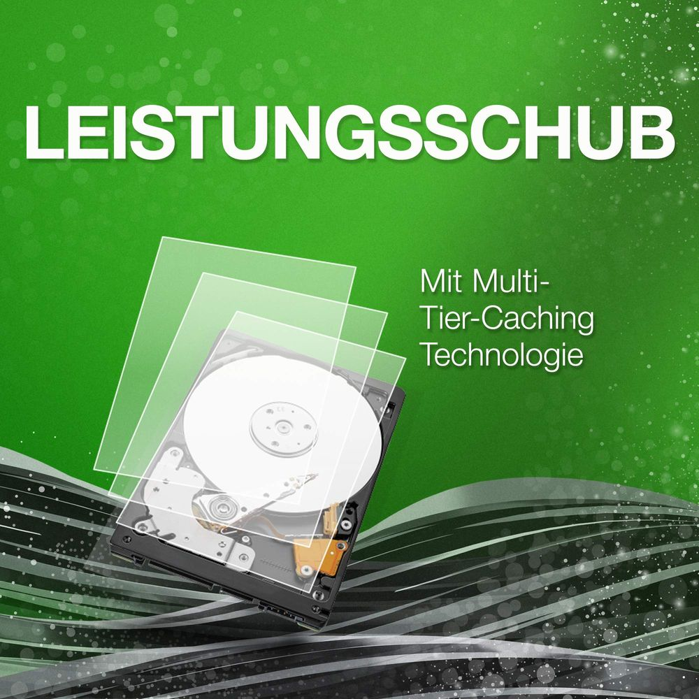 Festplatte mit transparenten Schichten, "Leistungsschub" Text.