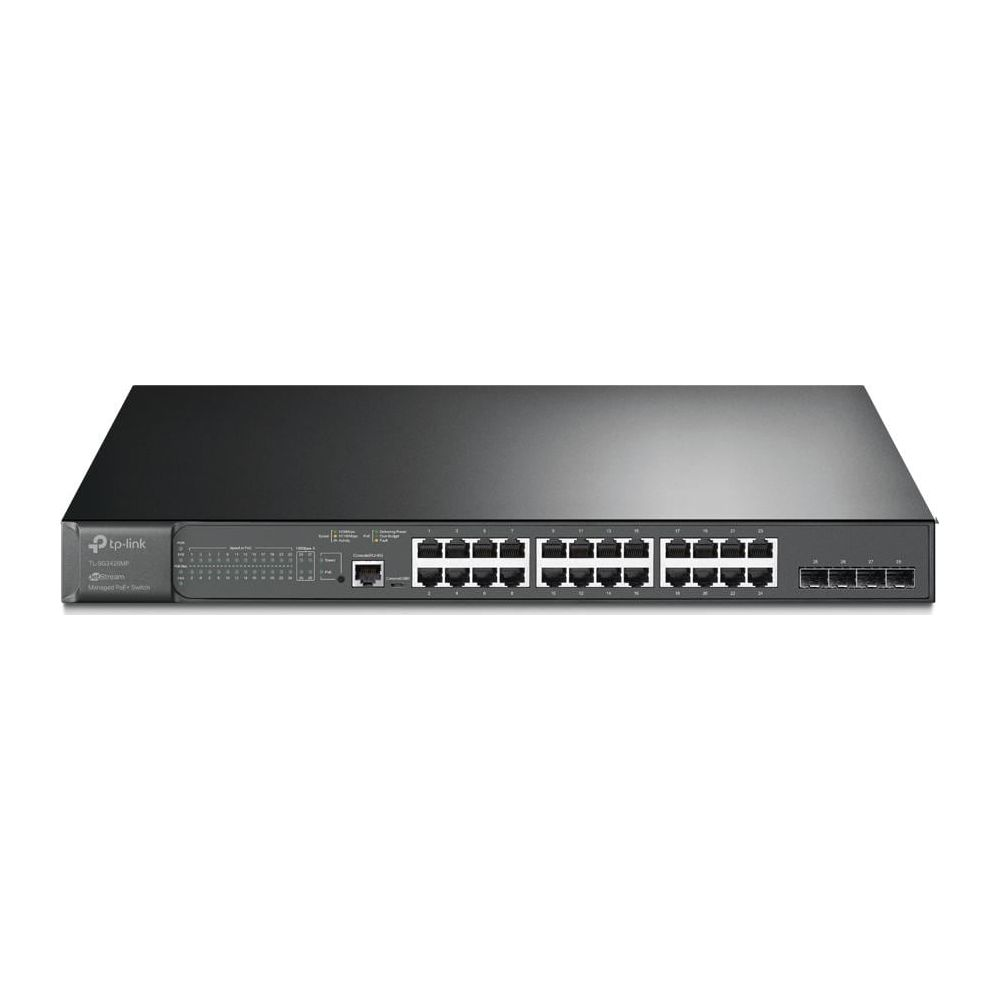 Switch TP-Link nero con 24 porte Ethernet e indicatori LED.