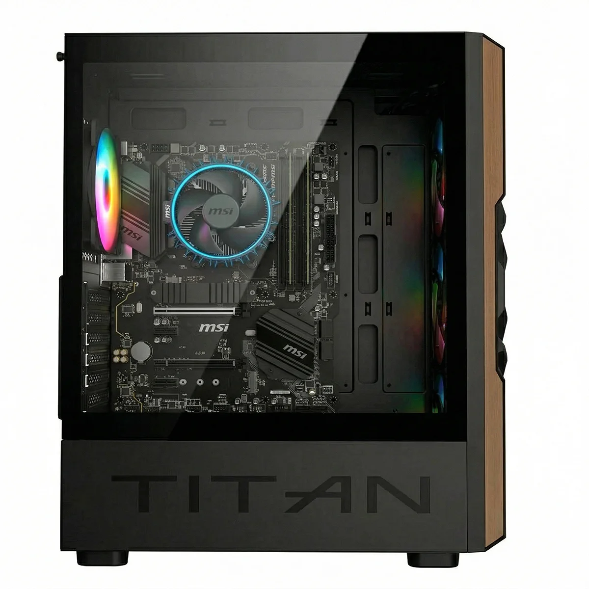 PC da gaming con ventole RGB, scheda madre MSI e accenti effetto legno.