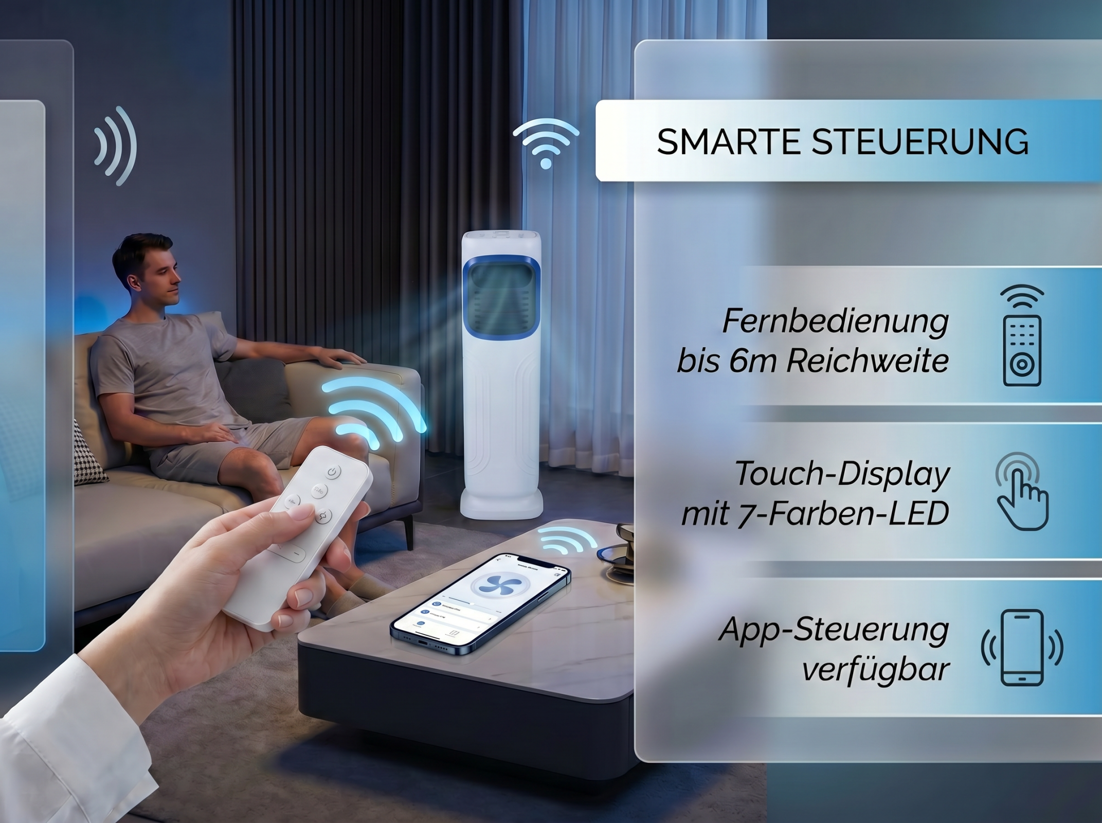 Mann auf Sofa hält Fernbedienung für Turmventilator. Smarte Steuerung.