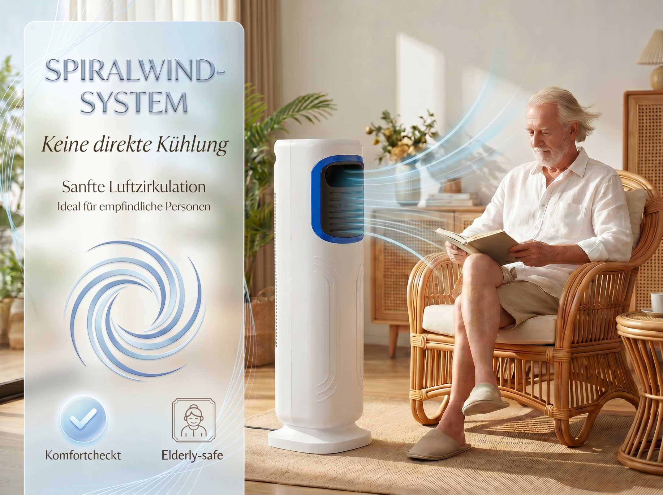 Ein Mann liest ein Buch, während ein Ventilator sanft Luft cirkuliert. Text: Spiralwind-System.