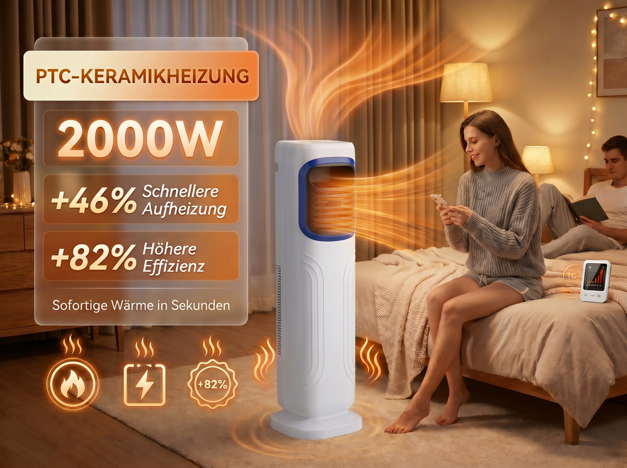 Ein weißer PTC-Keramikheizer mit blauen Akzenten steht im Schlafzimmer.
