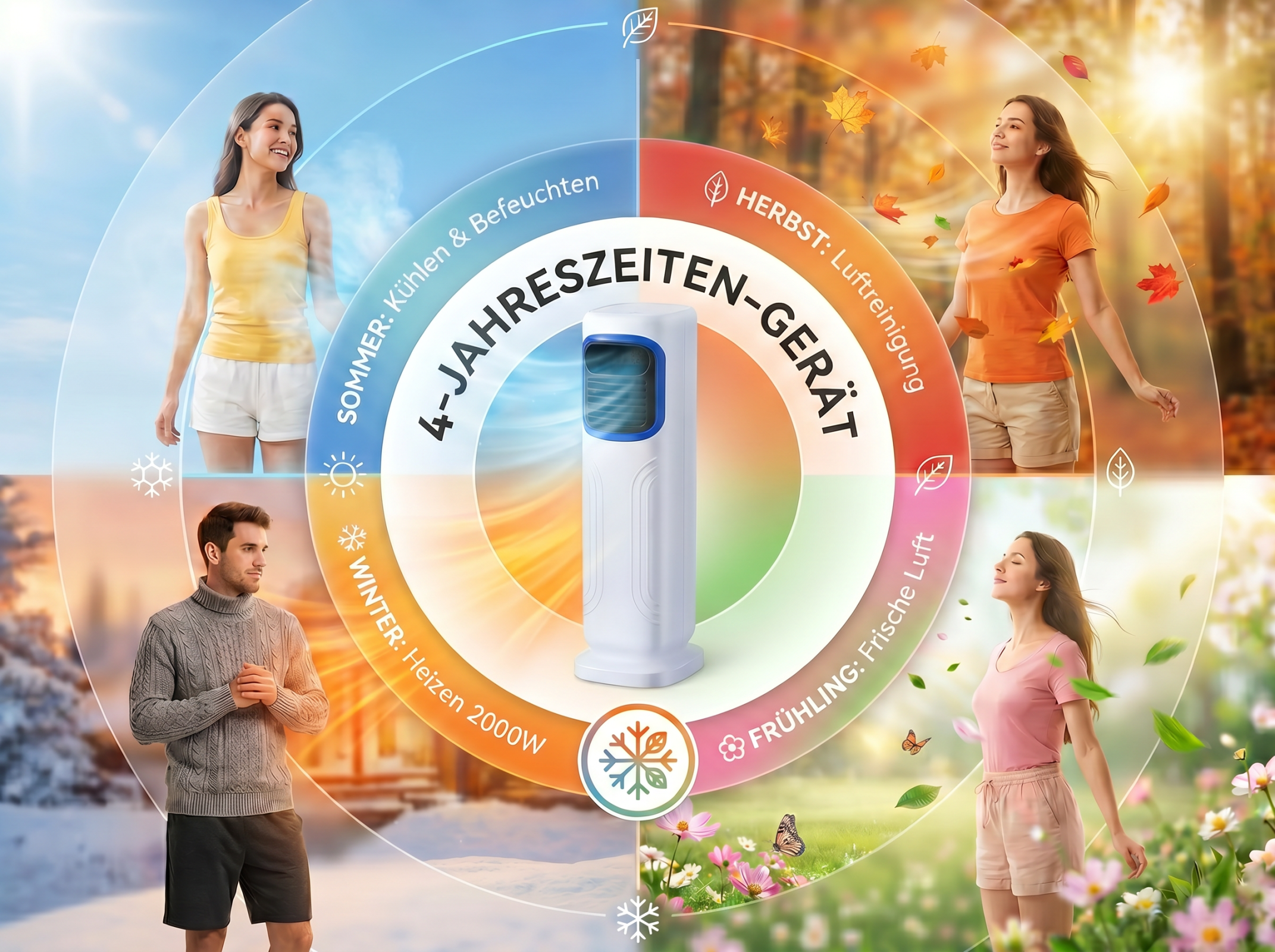 Vier Jahreszeiten Gerät: Sommer, Herbst, Winter, Frühling mit Menschen und Wetterelementen.