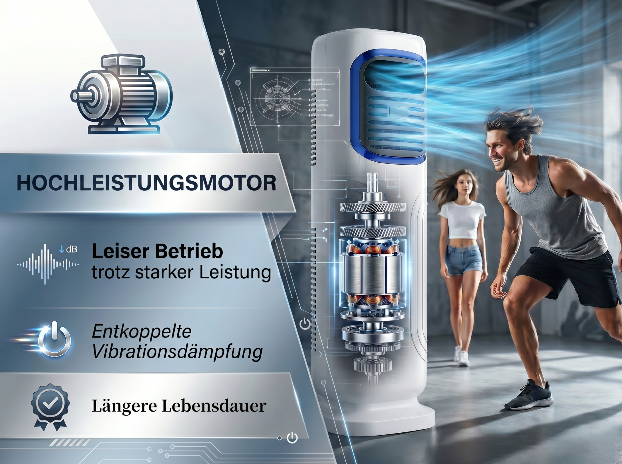 Ein Mann und eine Frau in einem Fitnessstudio, ein Ventilator bläst Luft.