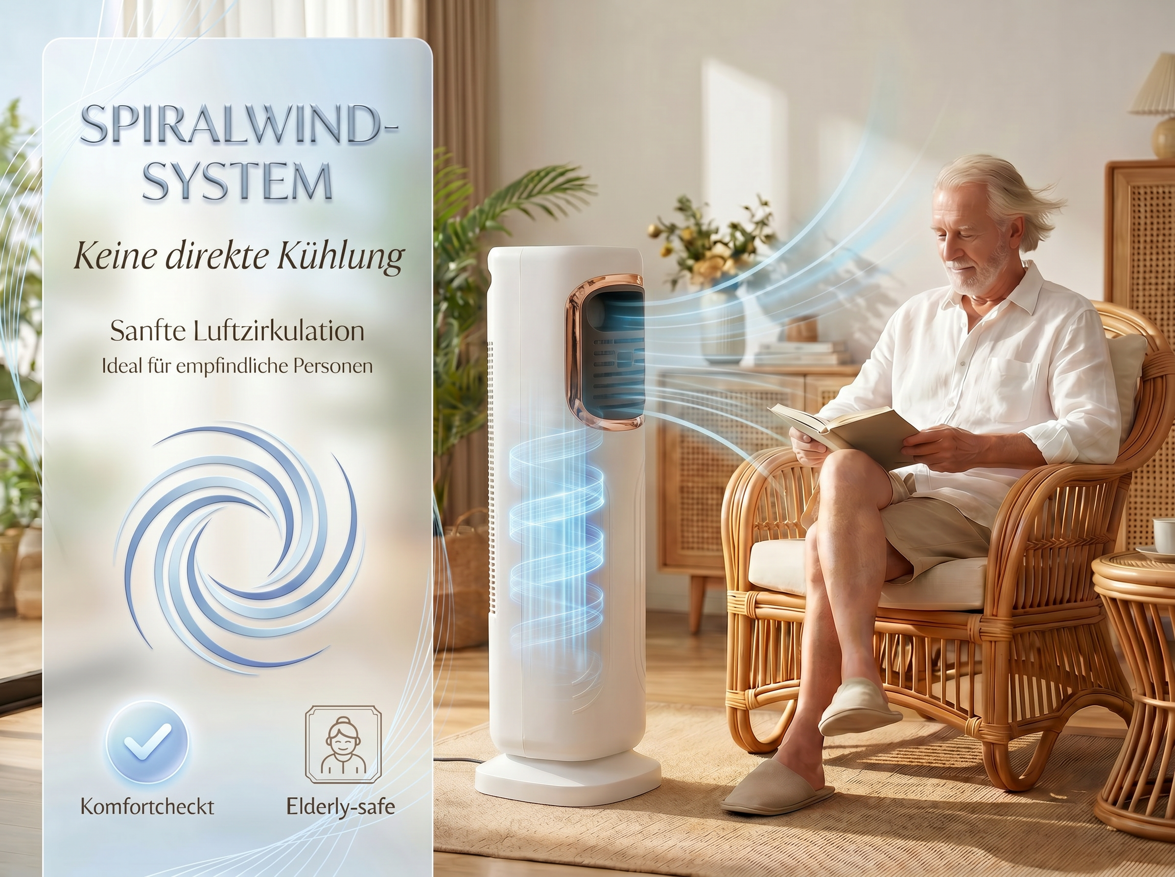 Ein Mann liest Buch, während ein weißer Ventilator mit blauen Luftströmen daneben steht.