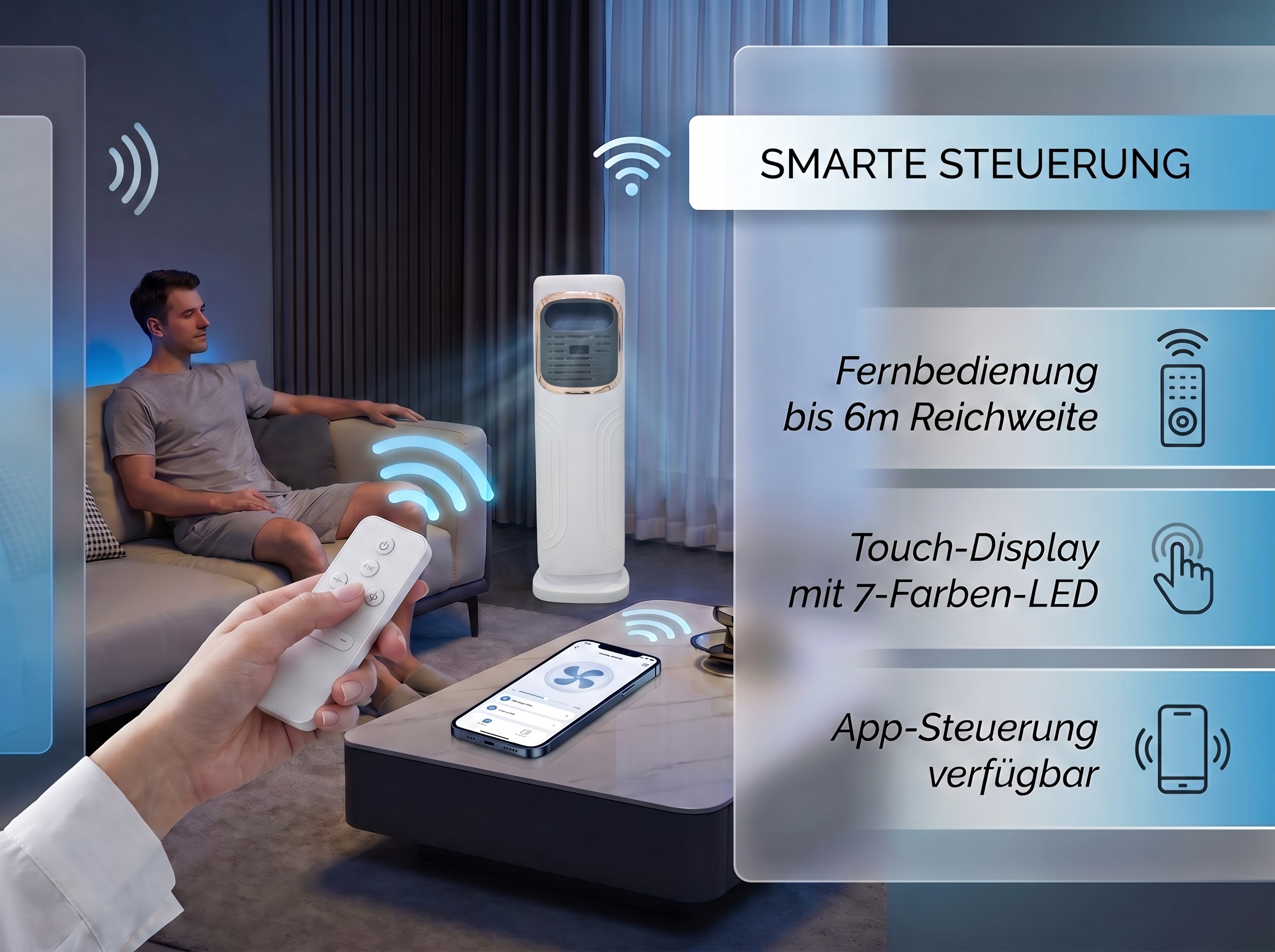 Mann sitzt auf Sofa, hält Fernbedienung. Lüfter und Handy auf Tisch.