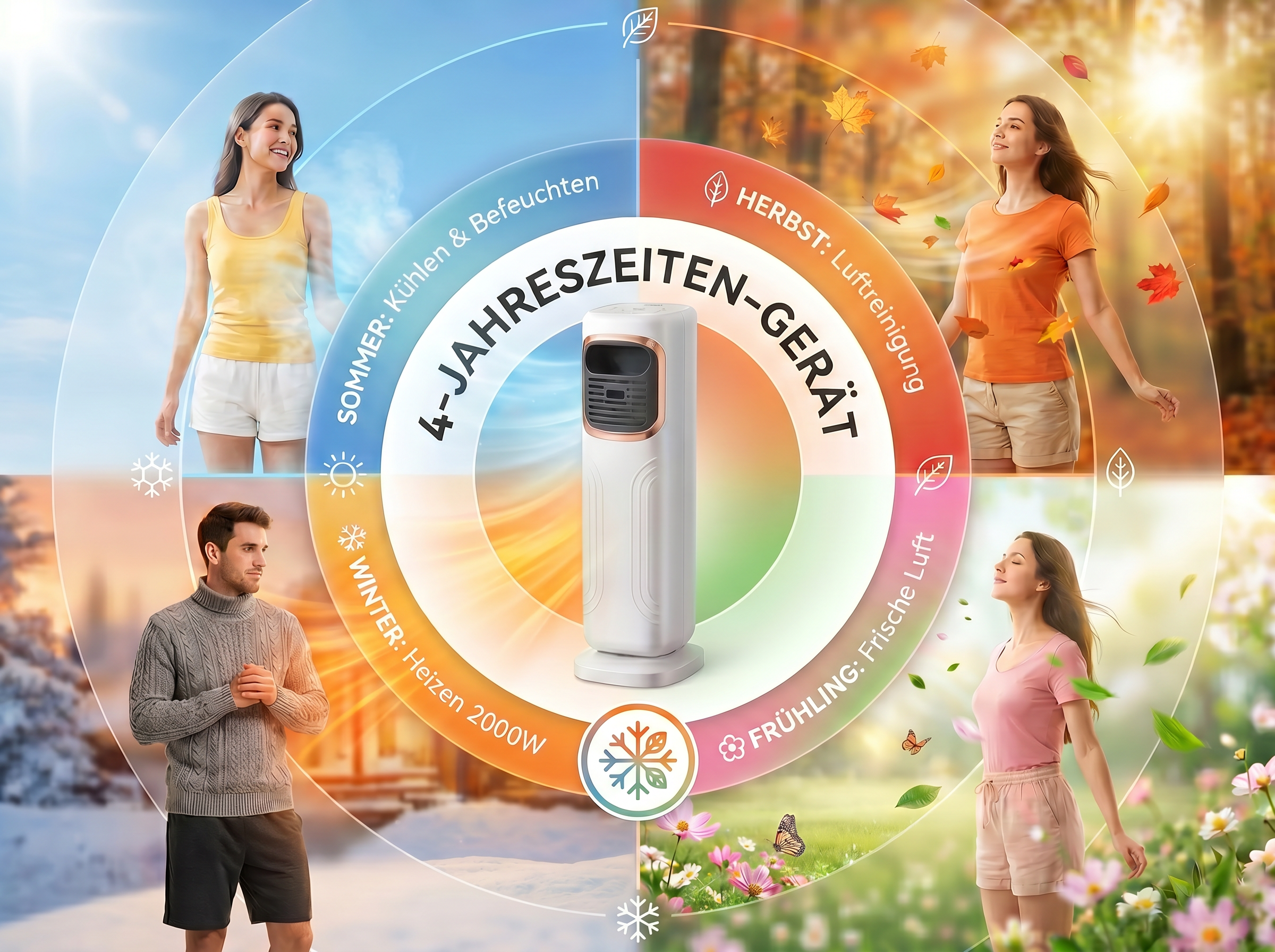 Ein 4-Jahreszeiten-Gerät mit Menschen in Sommer-, Herbst-, Winter- und Frühlingsszenen.