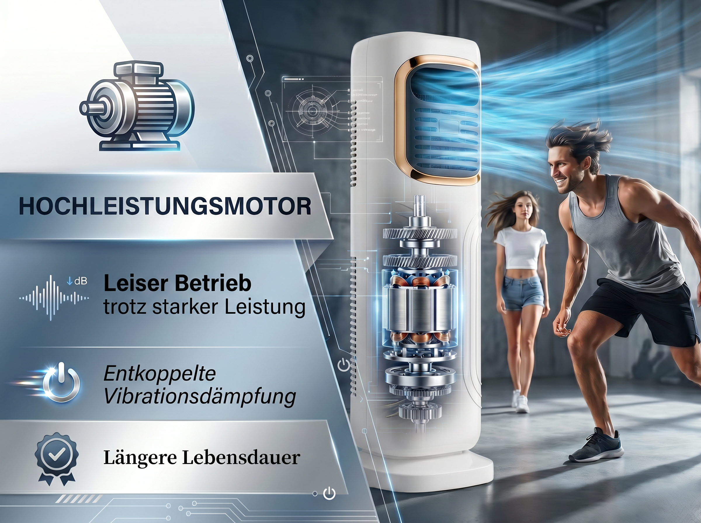 Hochleistungsmotor mit Kühlgerät und Sportlern im Hintergrund.