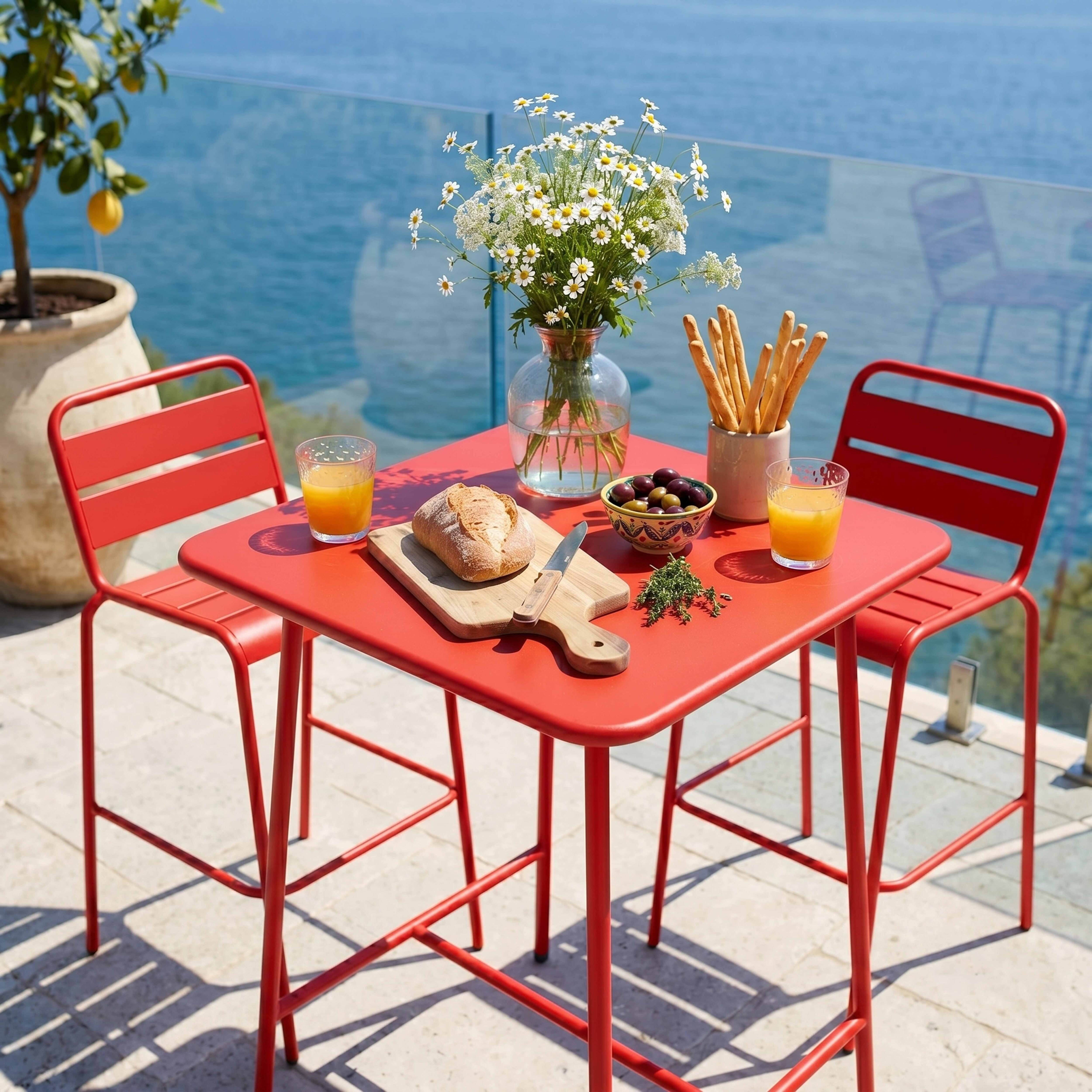 Roter Tisch mit zwei Stühlen am Meer, mit Brot, Oliven und Saft.
