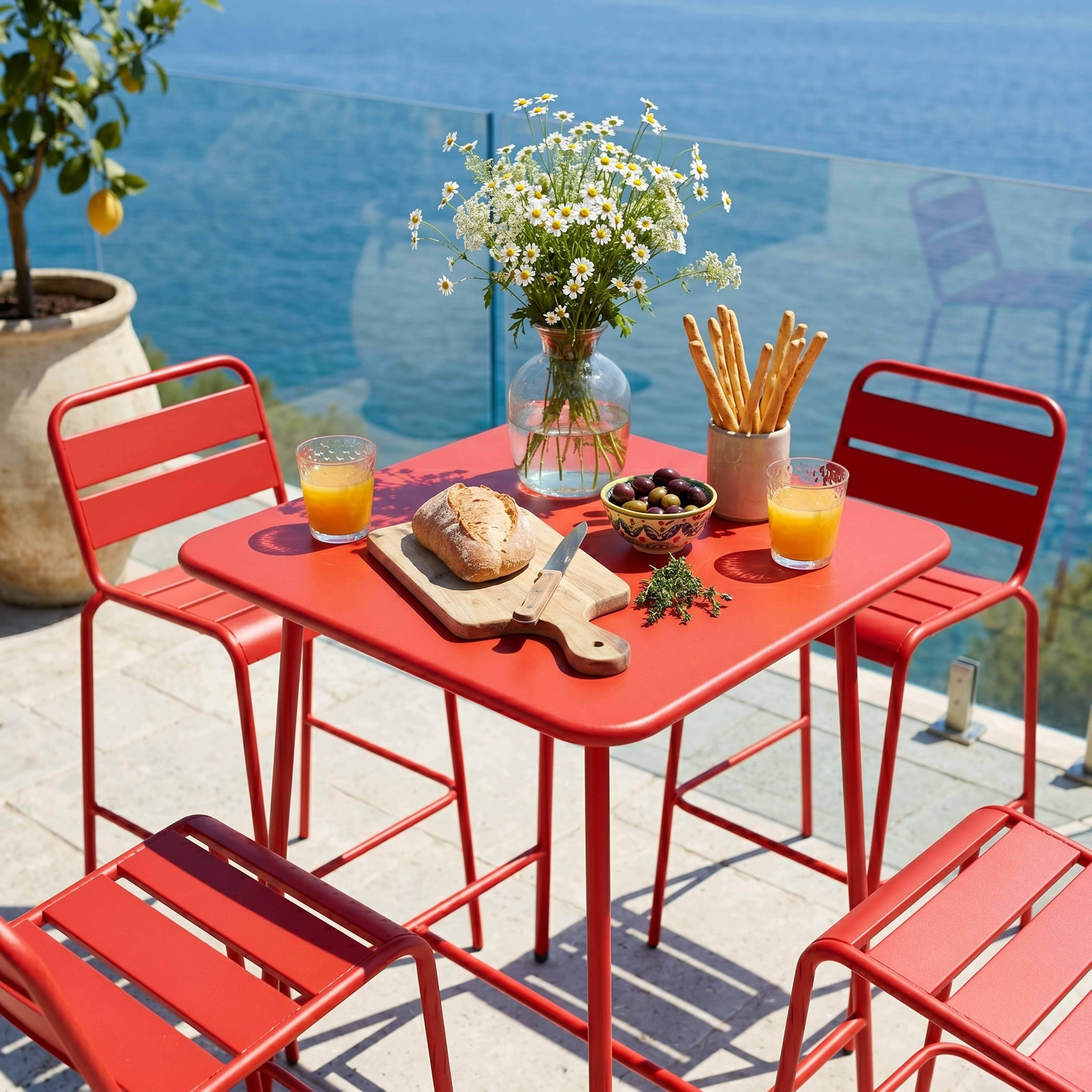 Ein roter Tisch mit Stühlen am Meer mit Essen und Blumen.