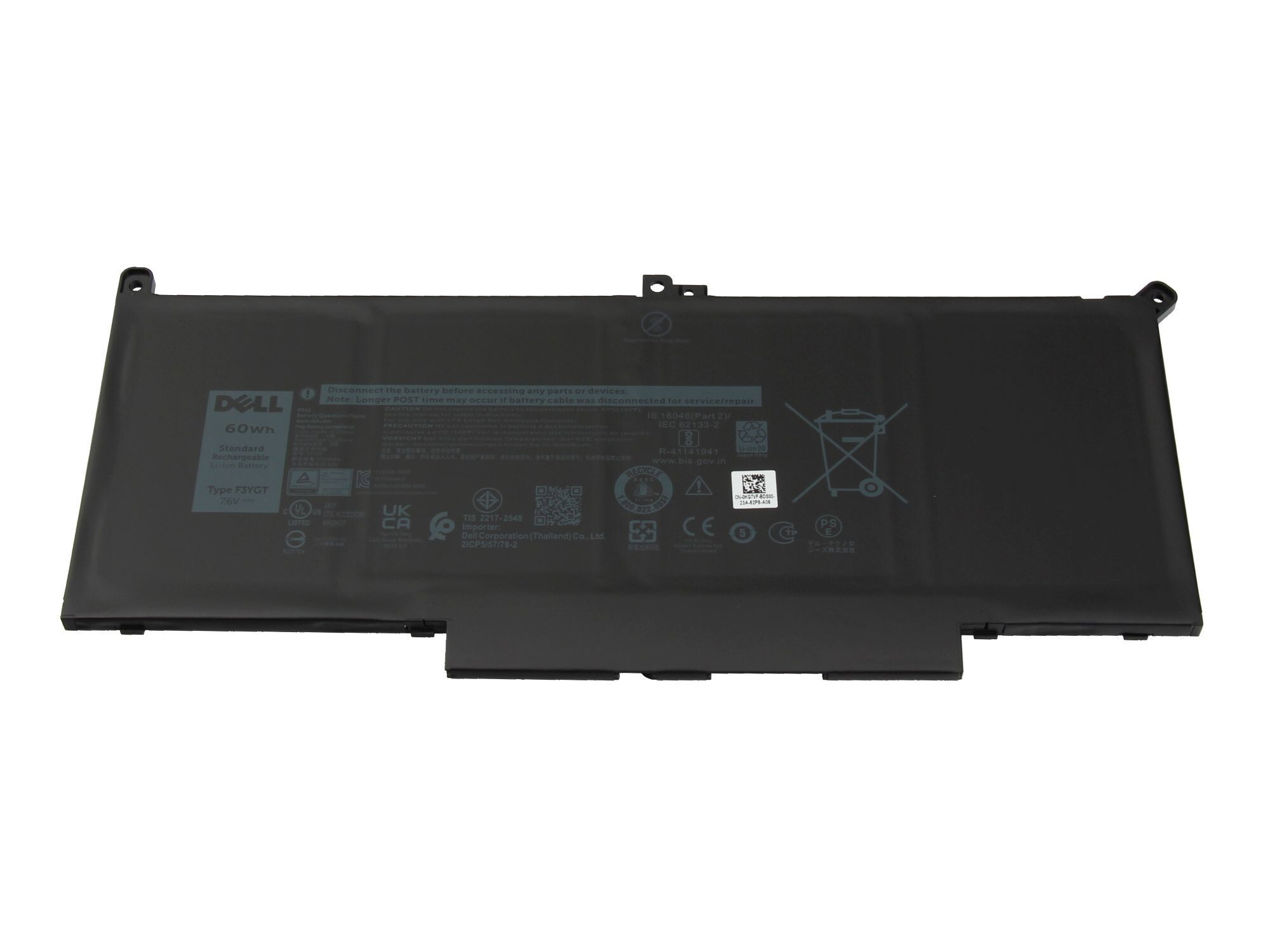 Schwarzer Dell Laptop-Akku, 60Wh, Typ F3YGT, mit diversen Zulassungszeichen.