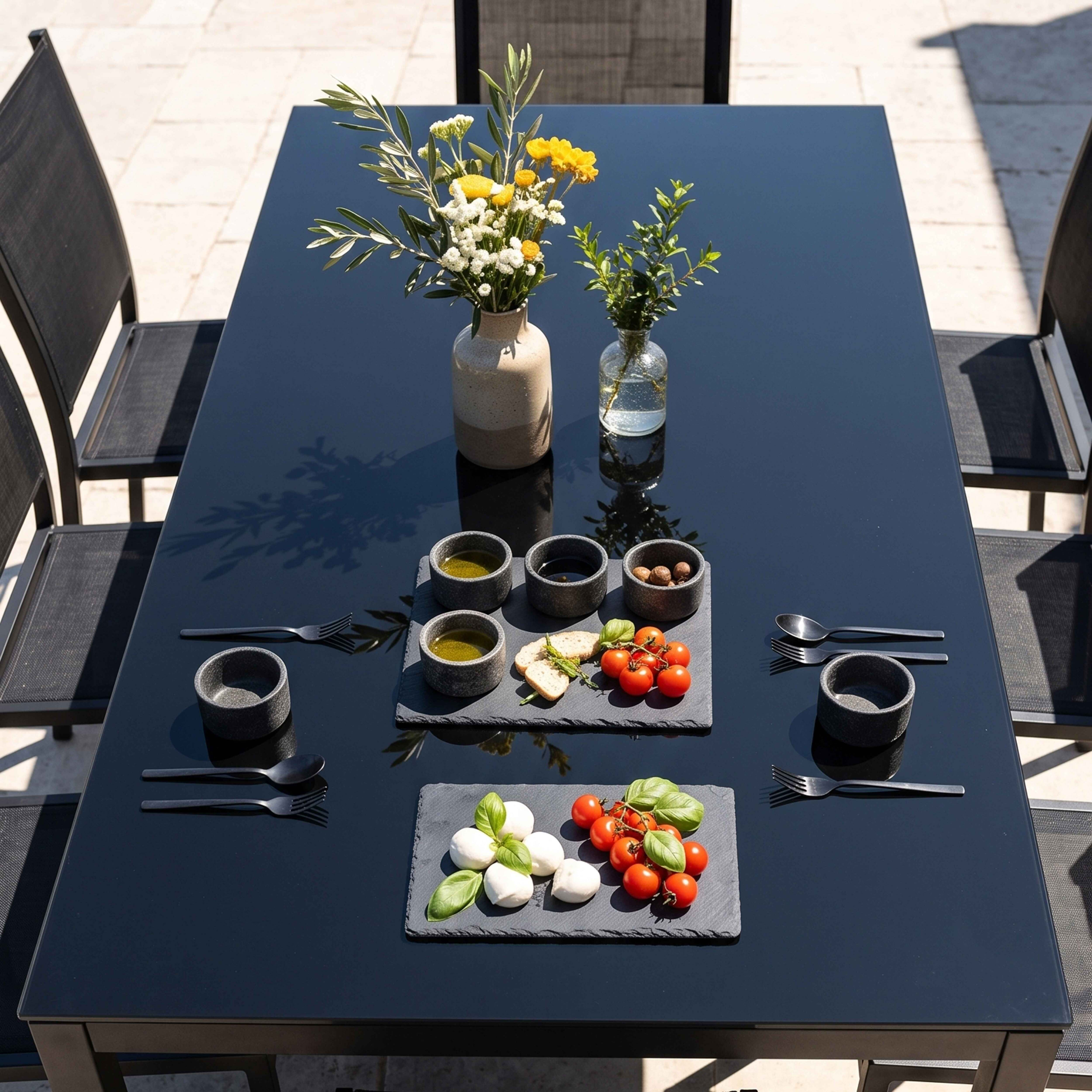 Outdoor-Tisch für Mahlzeiten mit Olivenöl, Balsamico, Oliven, Brot, Tomaten und Mozzarella.