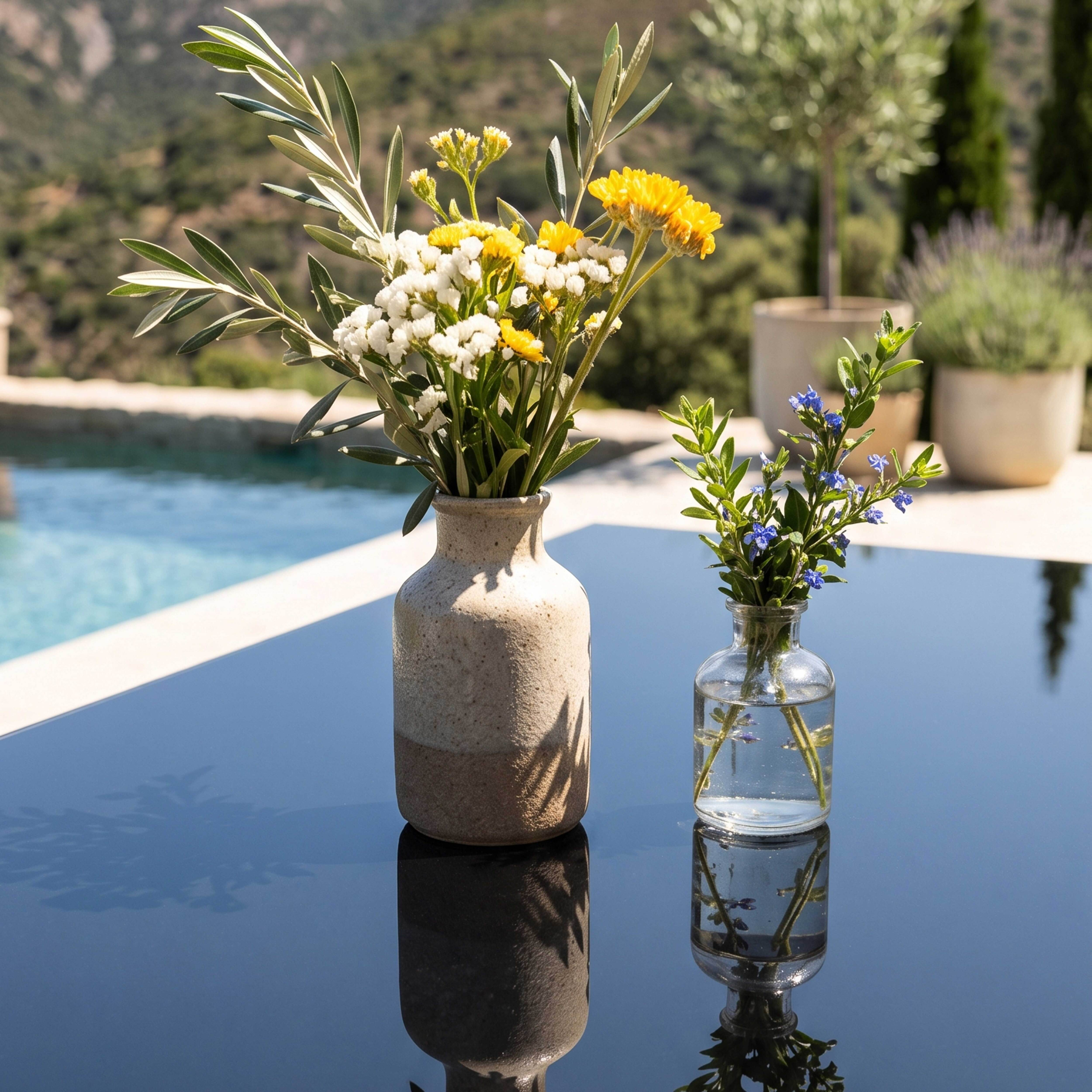 Zwei Vasen mit Blumen auf einem dunklen Tisch am Pool.