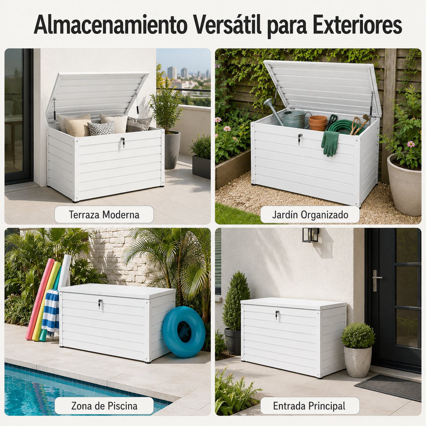 Cuatro escenas muestran una caja de almacenamiento exterior blanca en varios entornos.