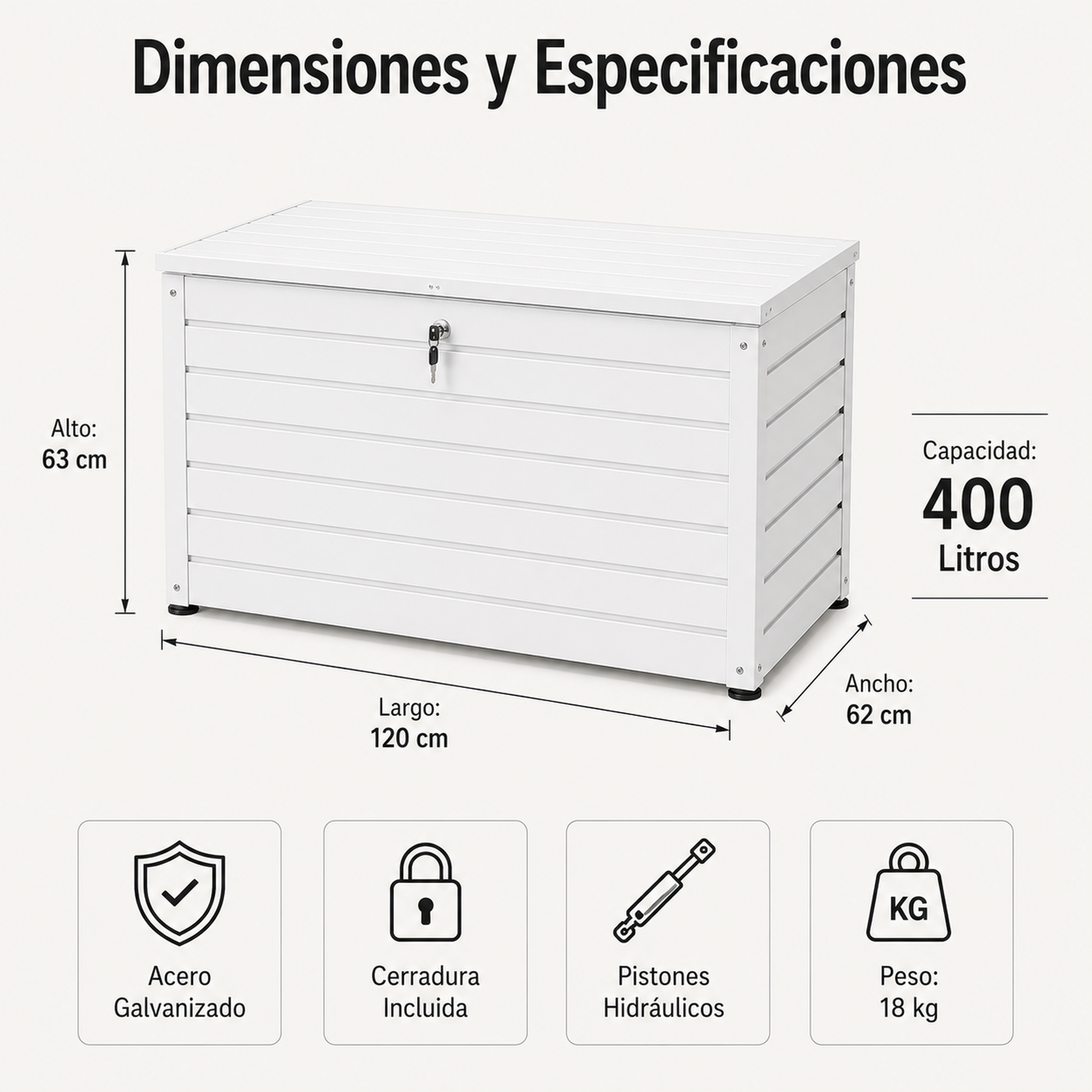 Caja de almacenamiento blanca con dimensiones: 120x62x63cm, 400L.