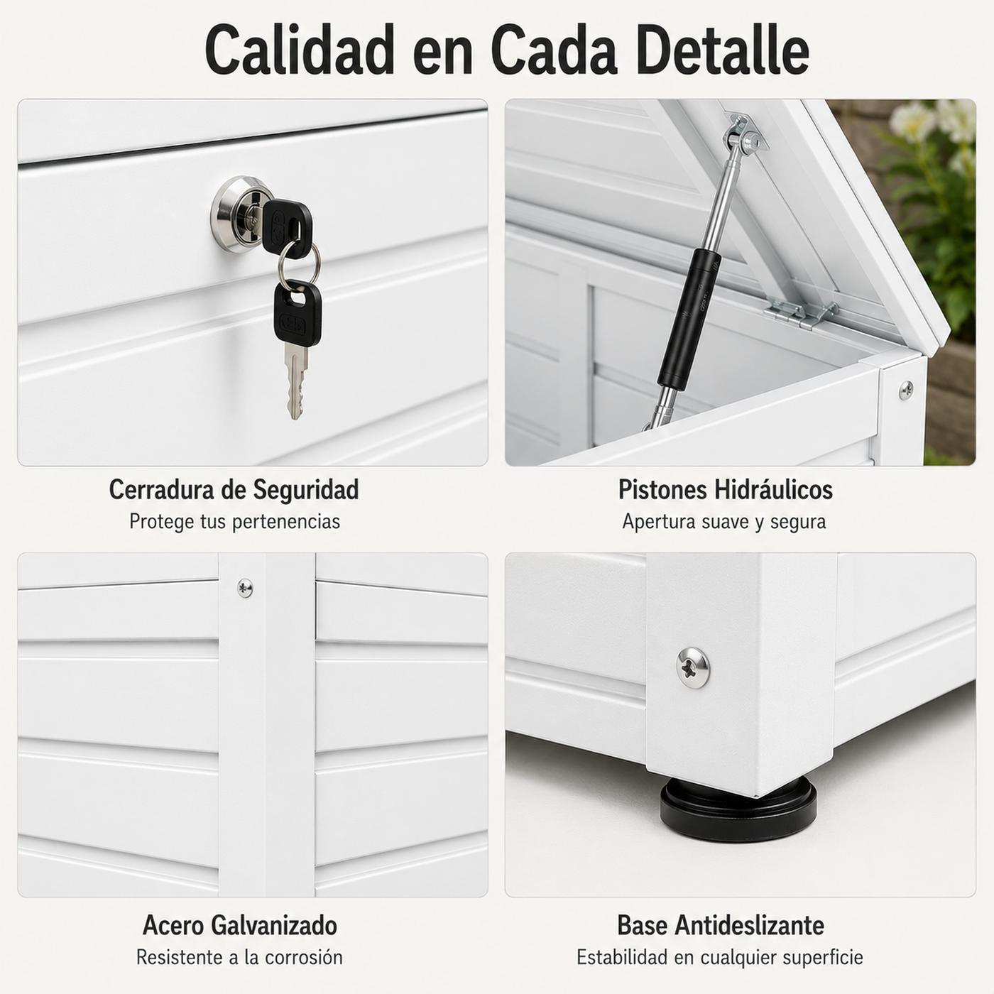 Detalles de un cofre de almacenamiento blanco: cerradura, pistones, metal y base.
