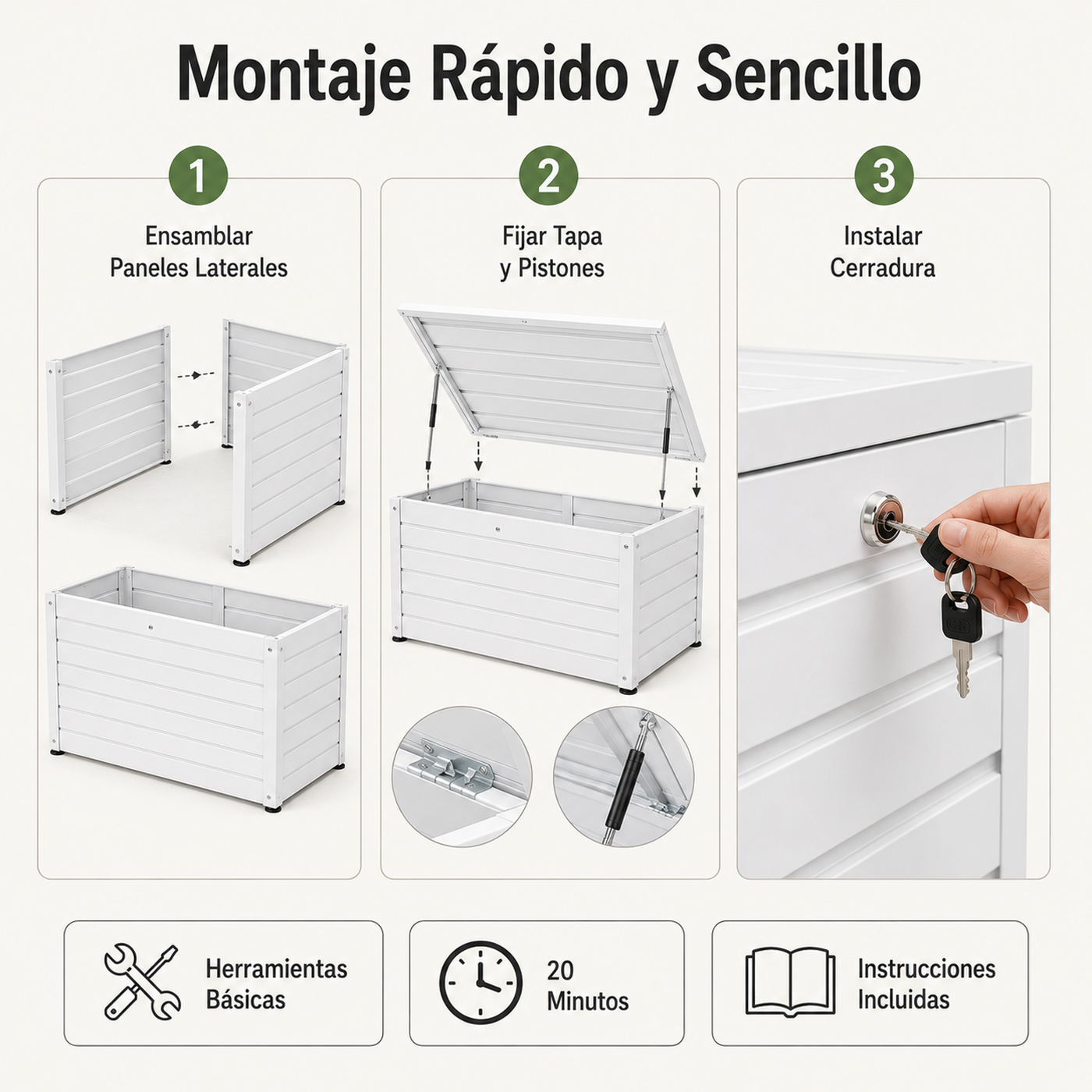 Instrucciones para el montaje rápido y fácil de una caja blanca en tres pasos.